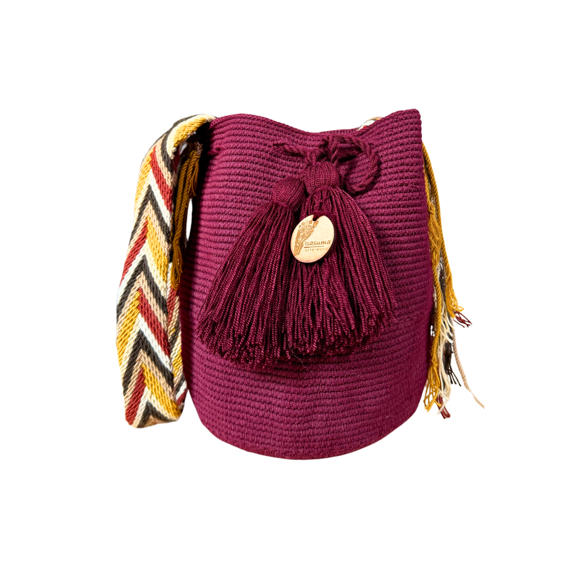 Medium Unicolor Wayuu Mochila Bag | Burgundy Yellow line Strap | Woven Crossbody | Handmade | Boho | Handmade in Colombia