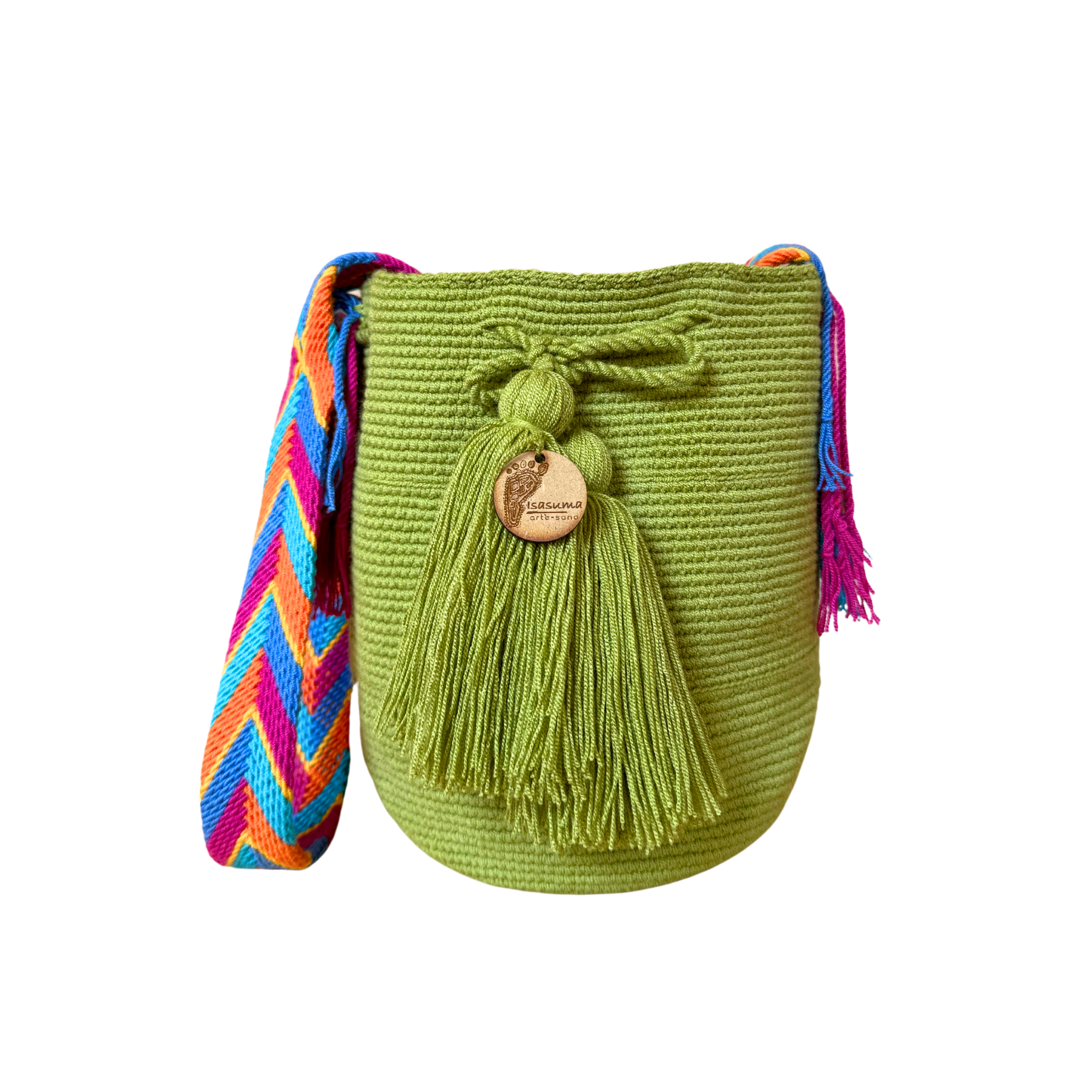 Medium Unicolor Wayuu Mochila Bag | Green Strap Sunset Colors | Woven Crossbody | Handmade | Boho | Handmade in Colombia