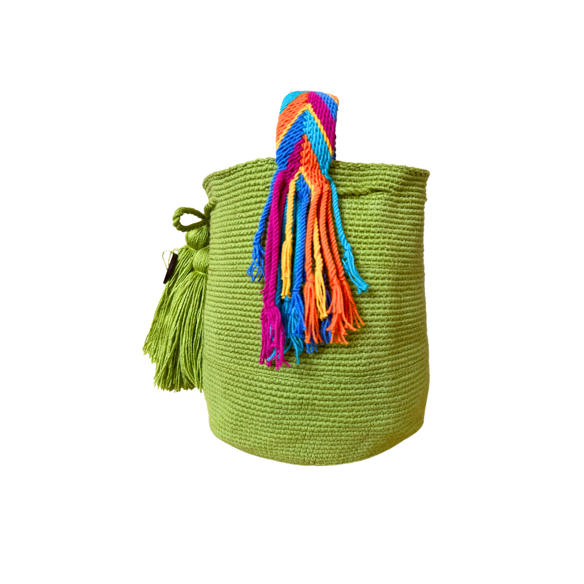 Medium Unicolor Wayuu Mochila Bag | Green Strap Sunset Colors | Woven Crossbody | Handmade | Boho | Handmade in Colombia