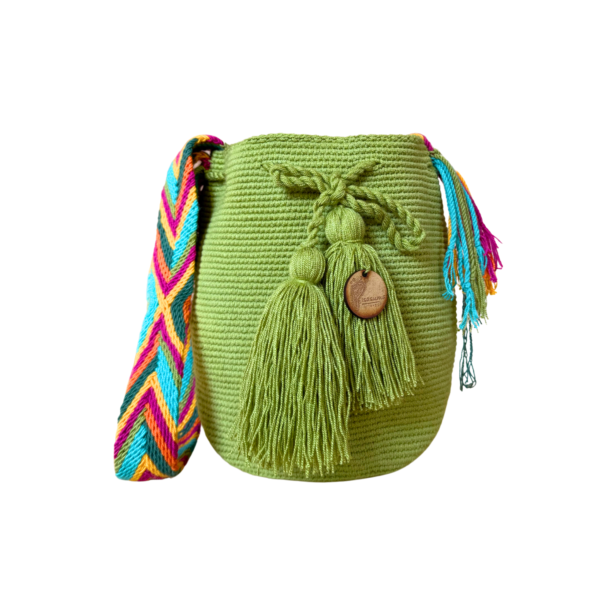 Medium Unicolor Wayuu Mochila Bag | Green Strap Sunset Colors 2 | Woven Crossbody | Handmade | Boho | Handmade in Colombia