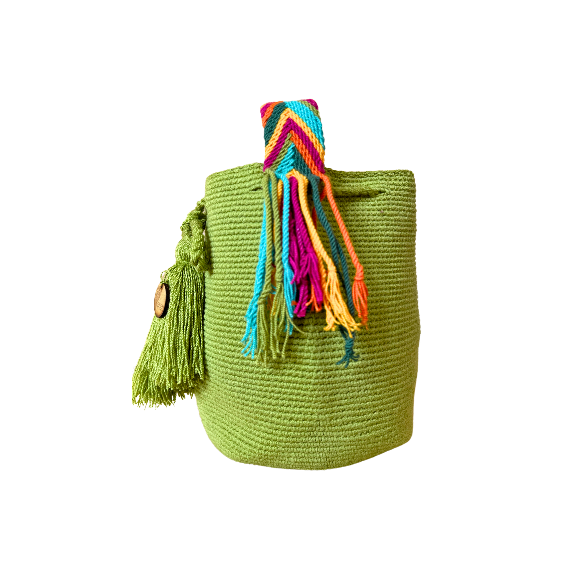 Medium Unicolor Wayuu Mochila Bag | Green Strap Sunset Colors 2 | Woven Crossbody | Handmade | Boho | Handmade in Colombia