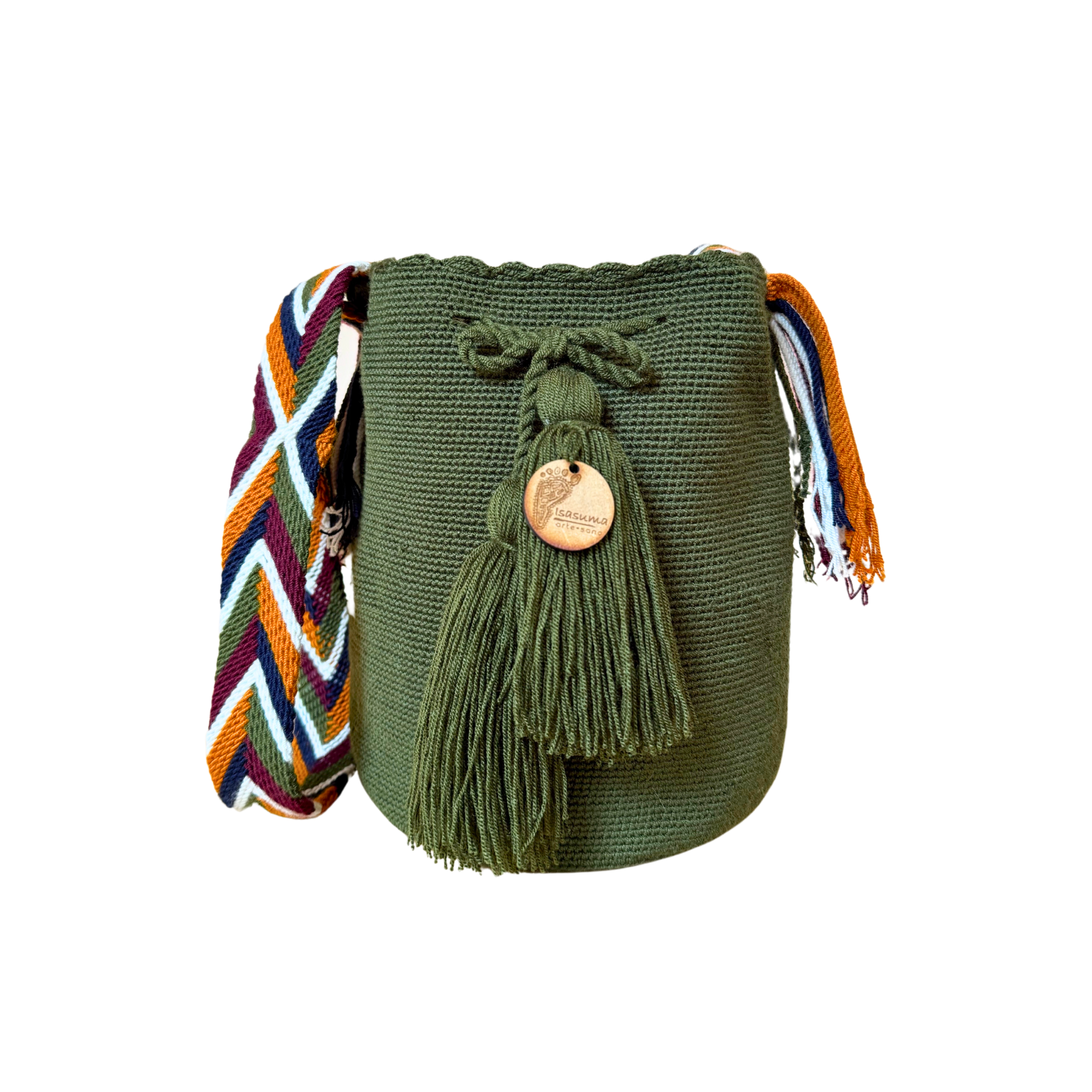 Medium Unicolor Wayuu Mochila Bag | Green Army | Woven Crossbody | Handmade | Boho | Handmade in Colombia