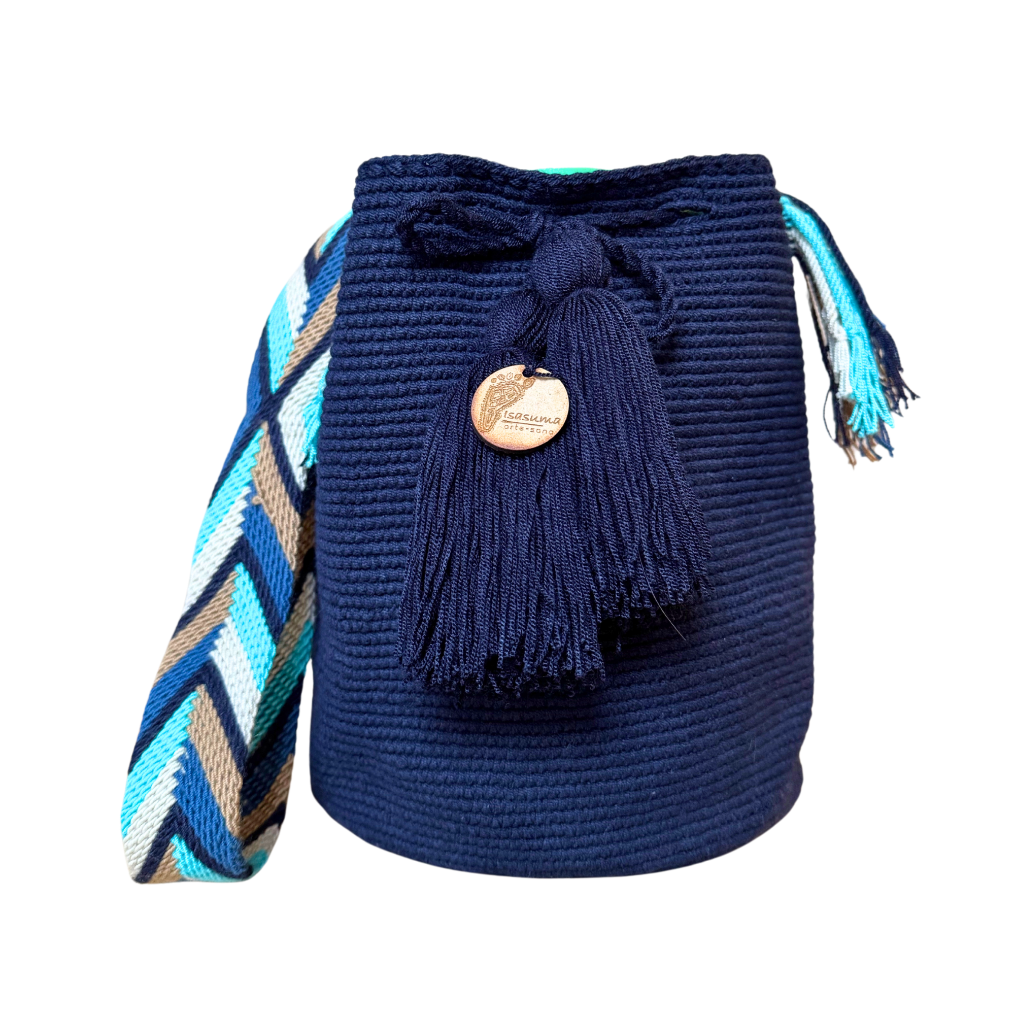 Large Unicolor Wayuu Mochila Bag | Dark Blue Strap with turquoise | Handmade in Colombia