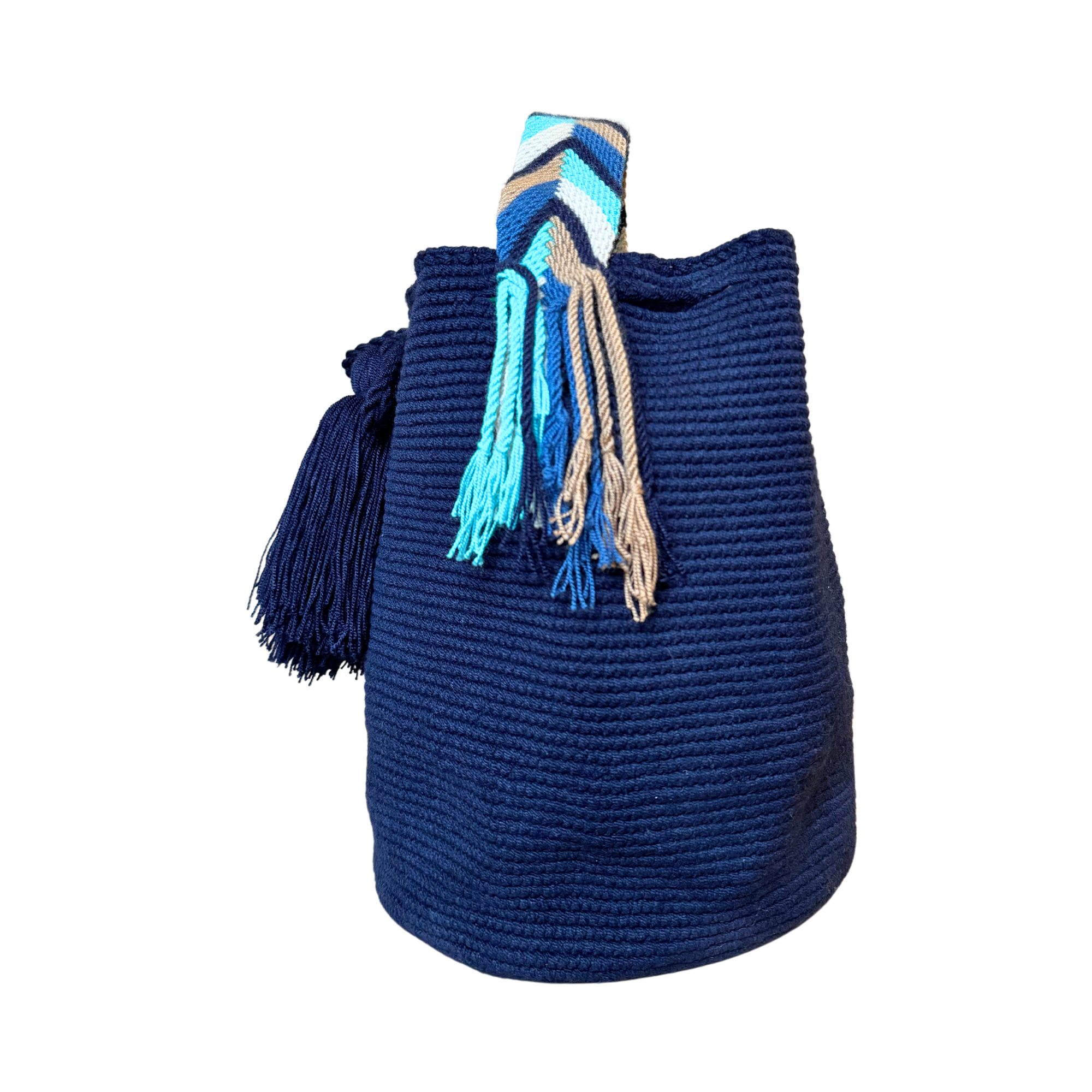 Large Unicolor Wayuu Mochila Bag | Dark Blue Strap with turquoise | Handmade in Colombia