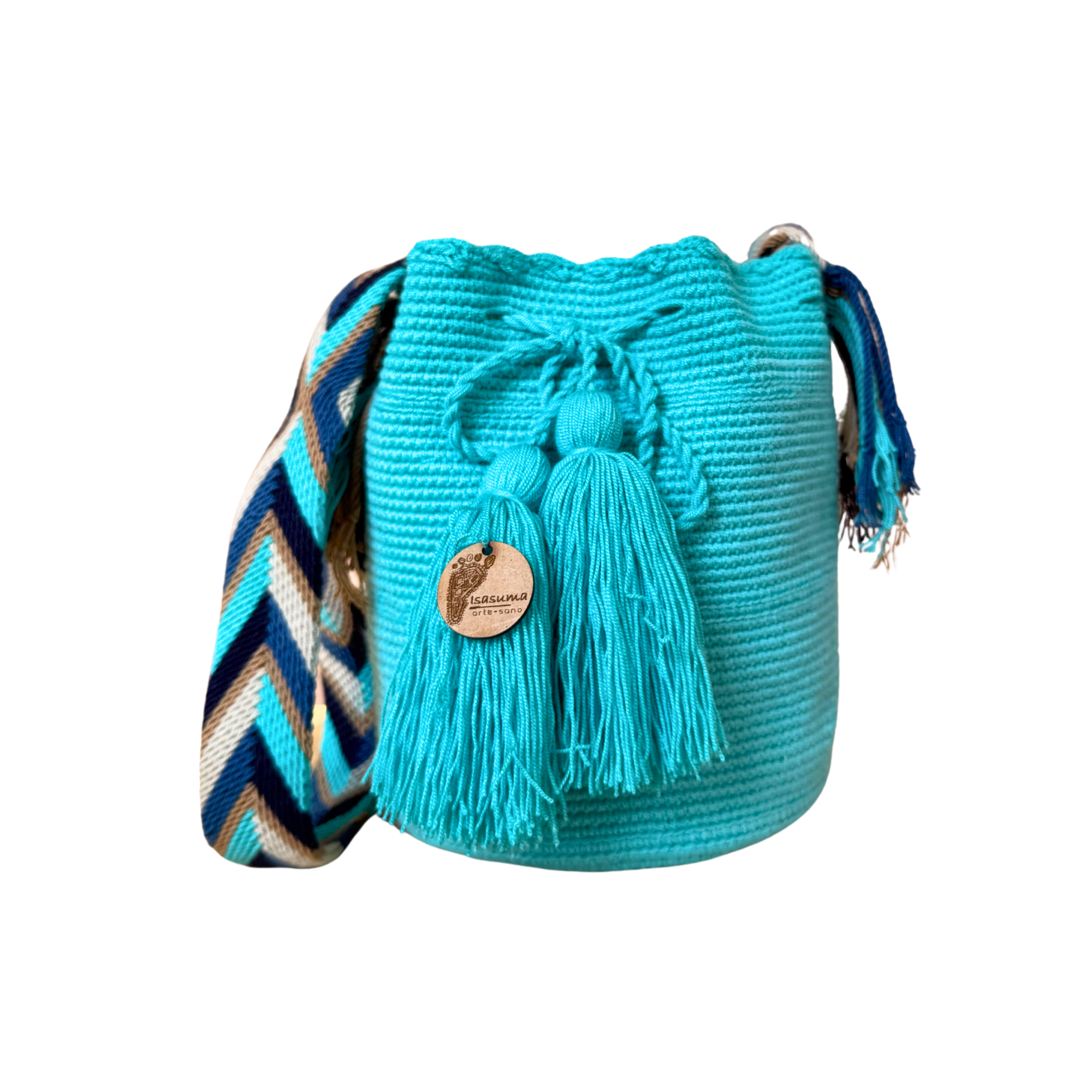 Medium Unicolor Wayuu Mochila Bag | Bright Teal Strap Teal | Woven Crossbody | Handmade | Boho | Handmade in Colombia