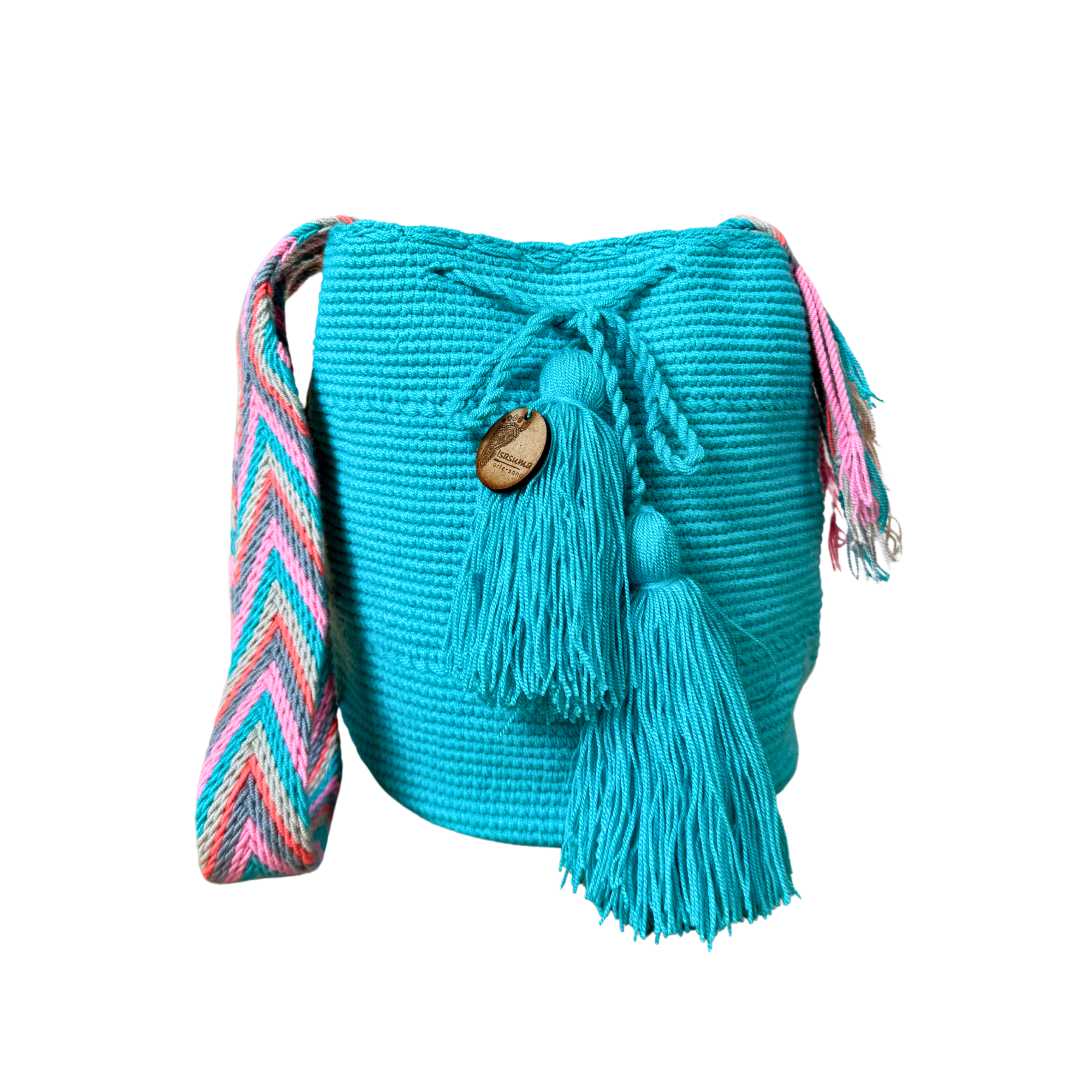 Medium Unicolor Wayuu Mochila Bag | Bright Teal Strap Pink | Woven Crossbody | Handmade | Boho | Handmade in Colombia