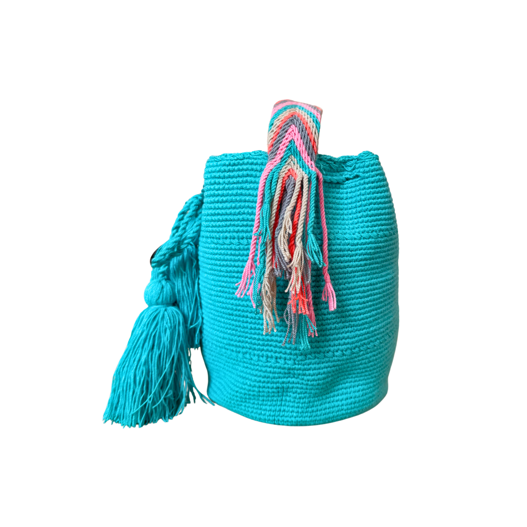 Medium Unicolor Wayuu Mochila Bag | Bright Teal Strap Pink | Woven Crossbody | Handmade | Boho | Handmade in Colombia