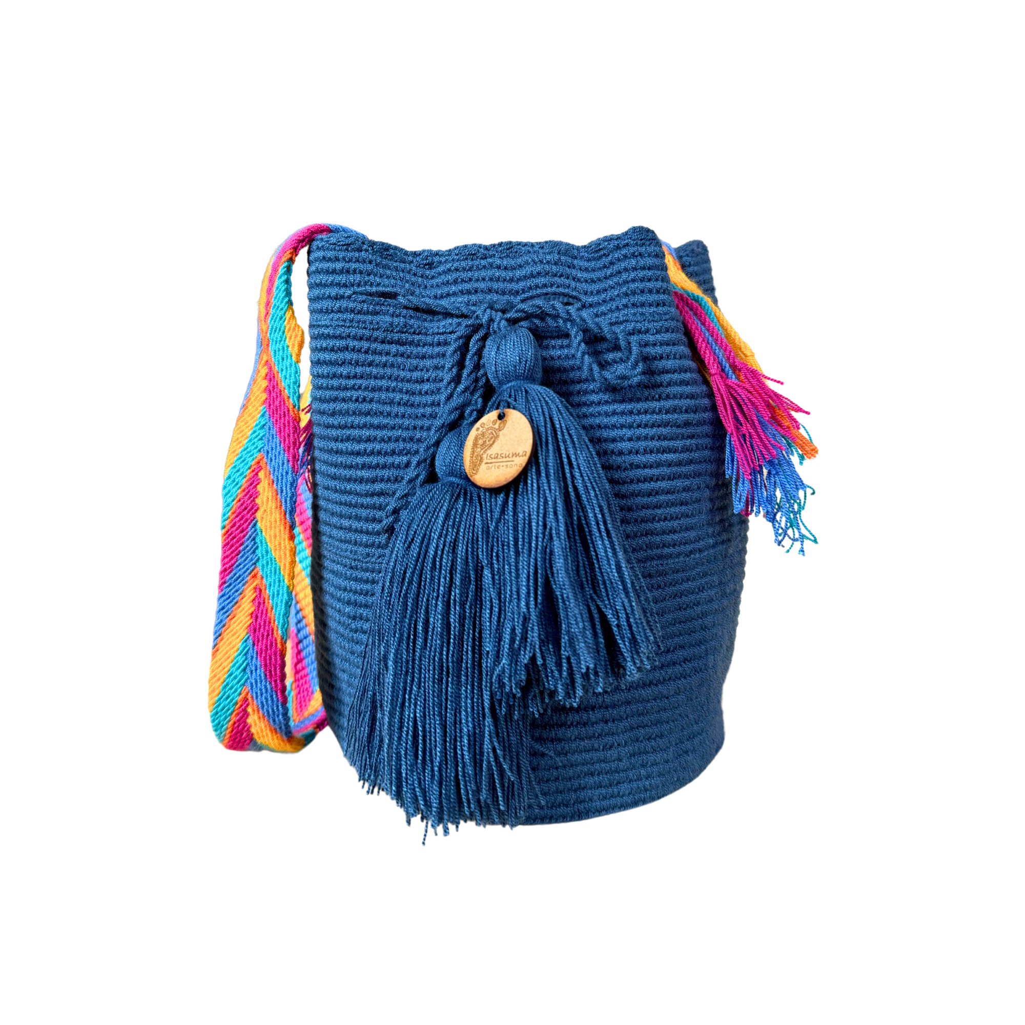 Medium Unicolor Wayuu Mochila Bag | Blue Yale Strap With Fucsia | Woven Crossbody | Handmade | Boho | Handmade in Colombia