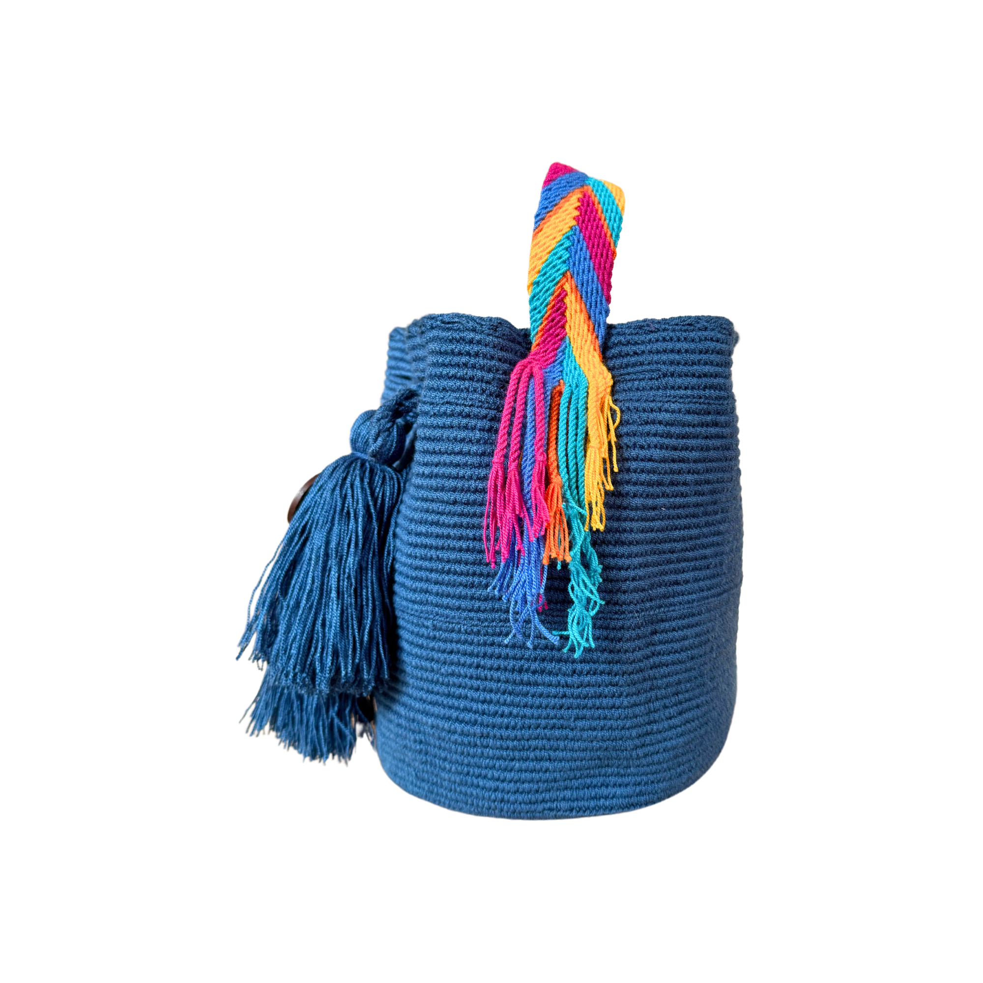 Medium Unicolor Wayuu Mochila Bag | Blue Yale Strap With Fucsia | Woven Crossbody | Handmade | Boho | Handmade in Colombia