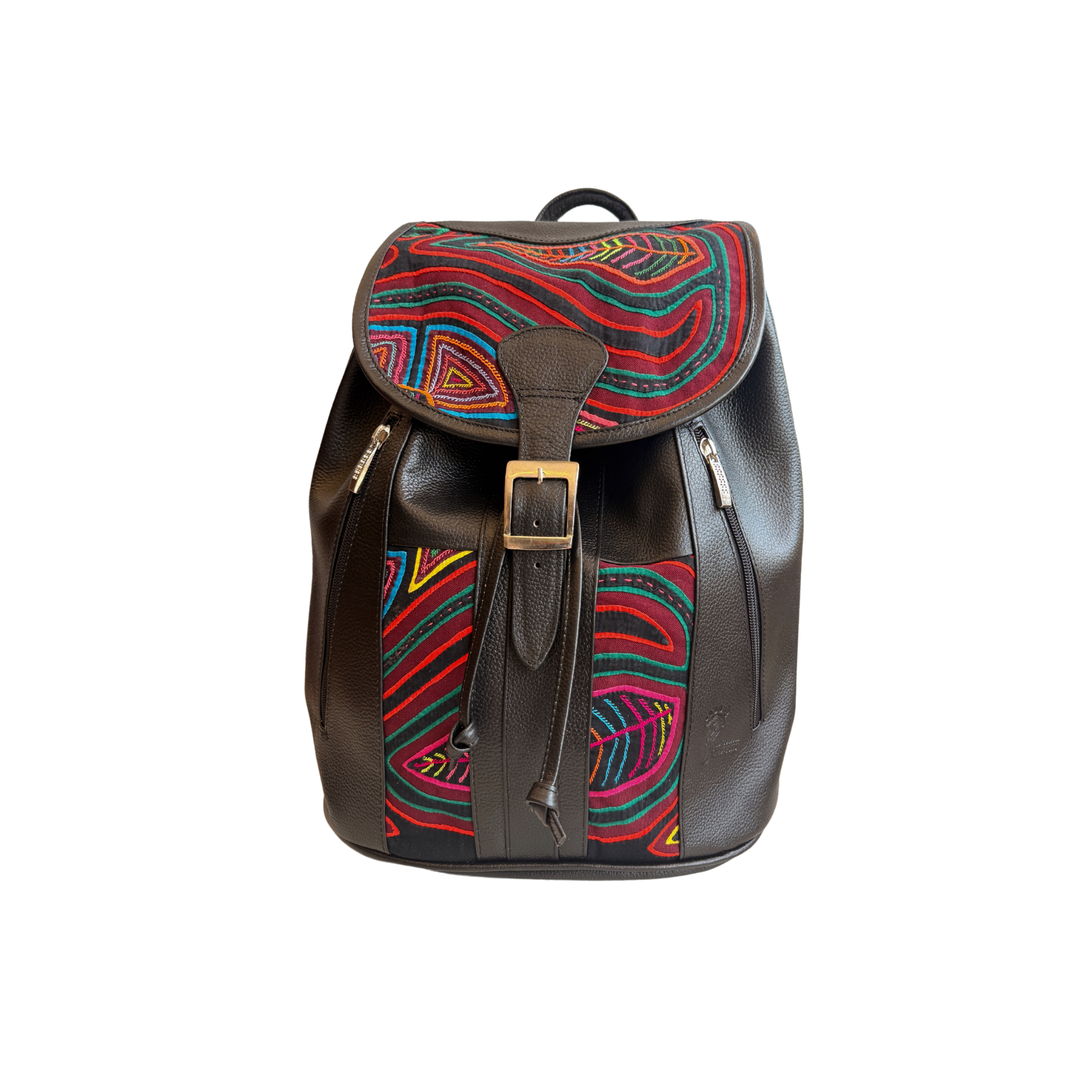 Handcrafted Mola and Leather Backpack I Handmade I Black
