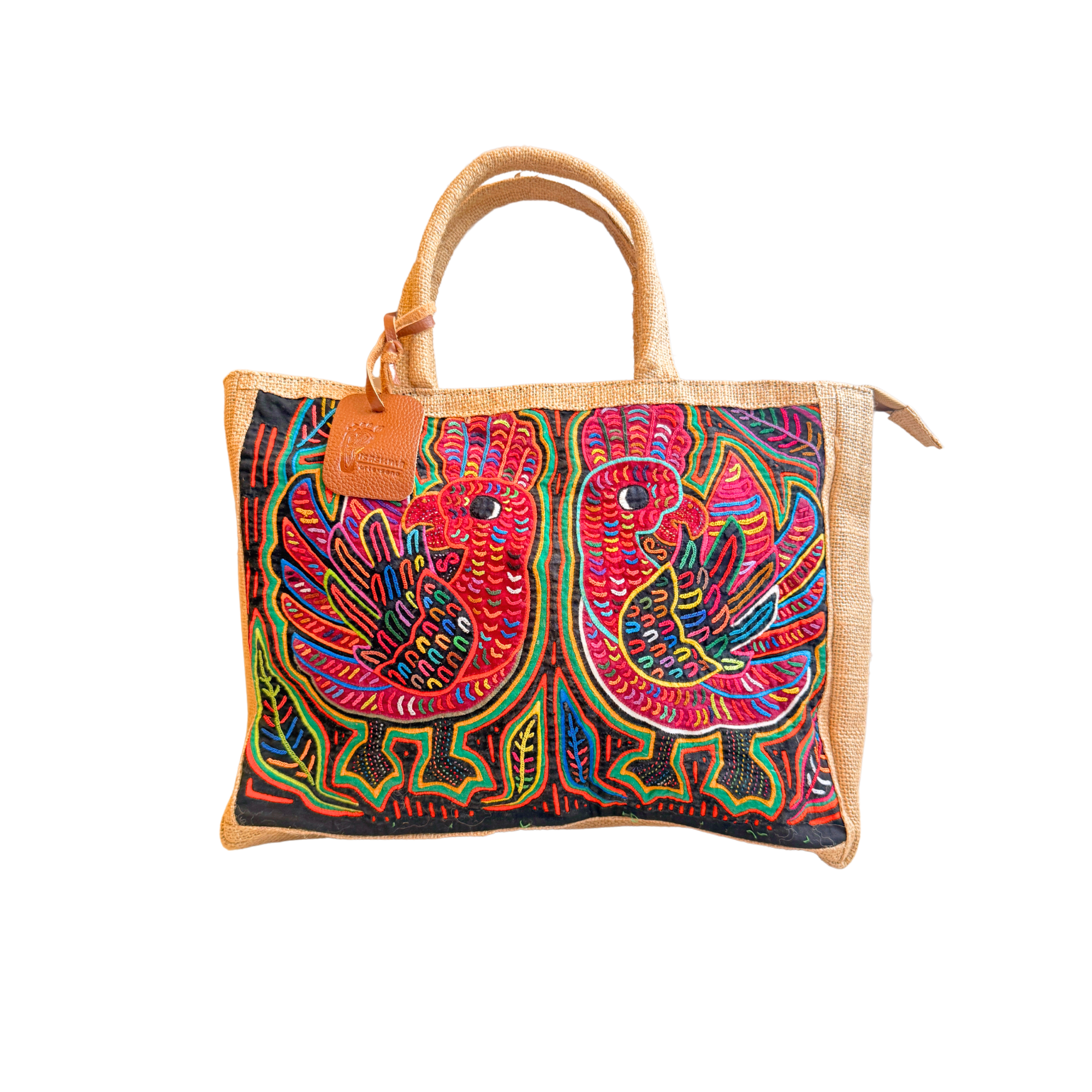 Handmade Burlap Shoulder Tote Bag with Authentic Kuna Mola Design | Rustic Yute | Handcrafted by the Kuna People of Panama | Peacocks