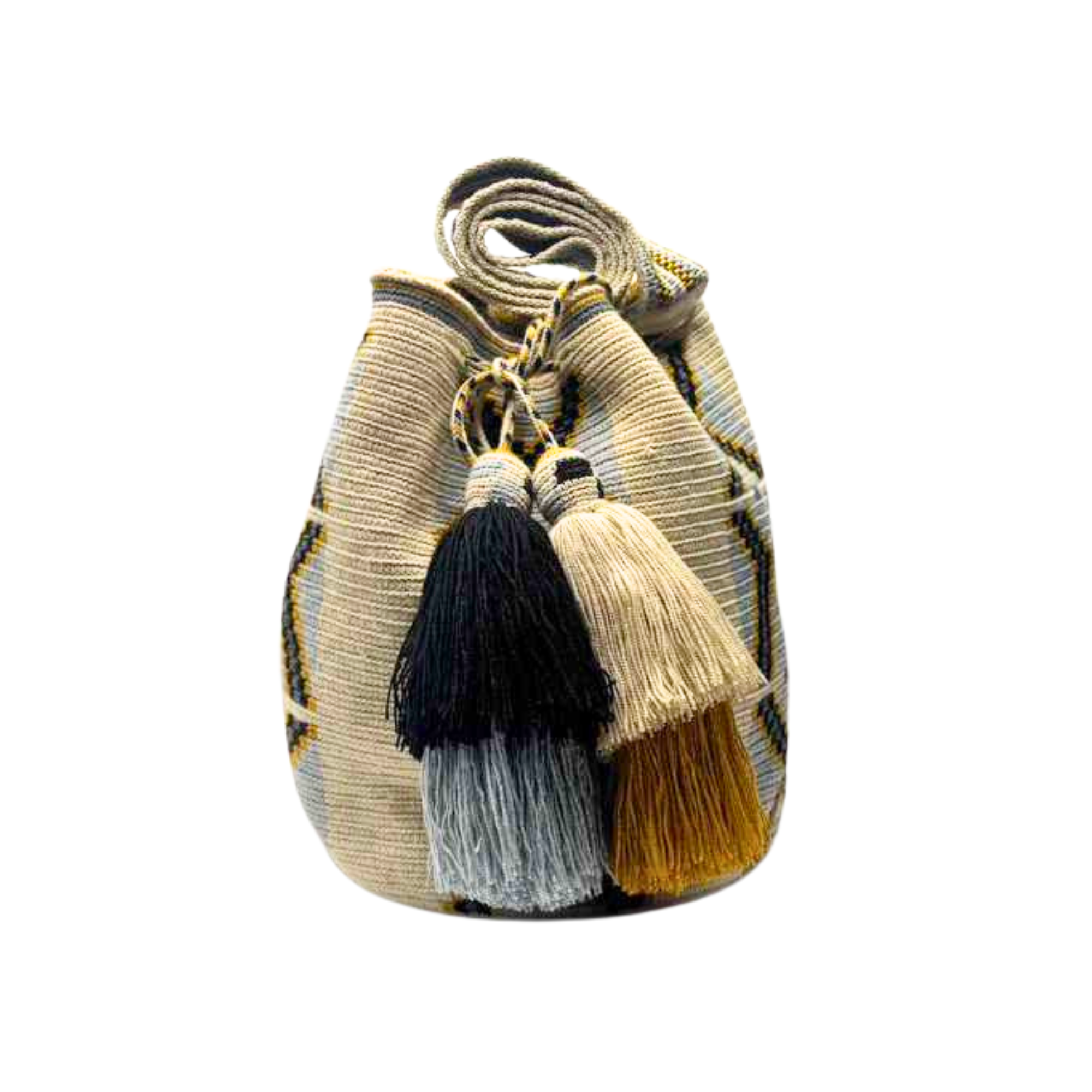Wayuu mochila bag | Large Traditional Deluxe | Beige and grey/yellow X