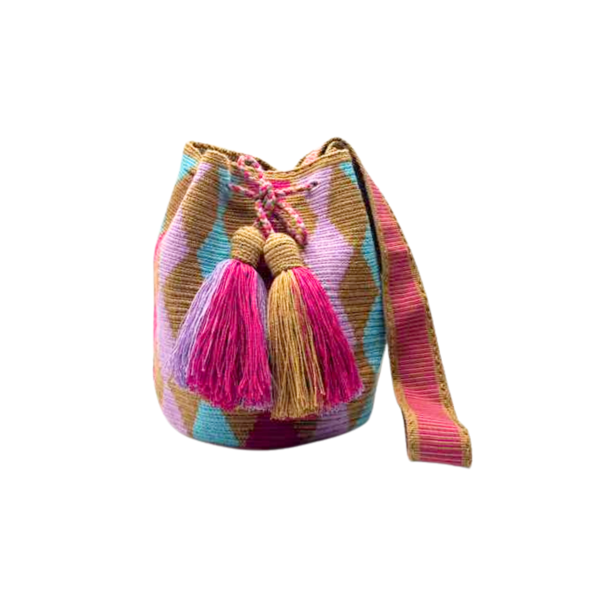 Wayuu mochila bag | Medium Tradicional Deluxe | Pink, Lilac and Teal Rhombus