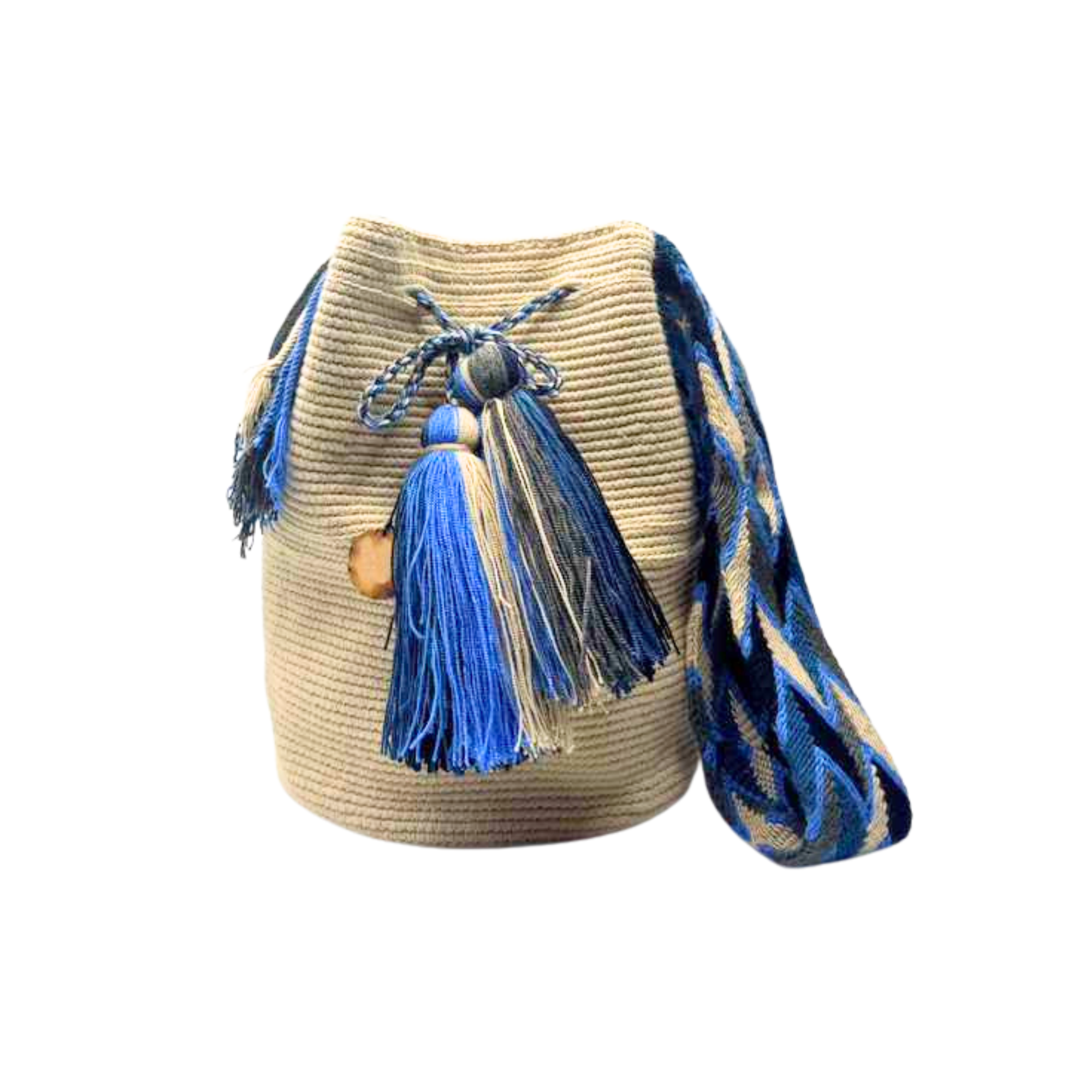 Large Unicolor Wayuu Mochila Bag | Beige and Blue with Lid | Handmade in Colombia