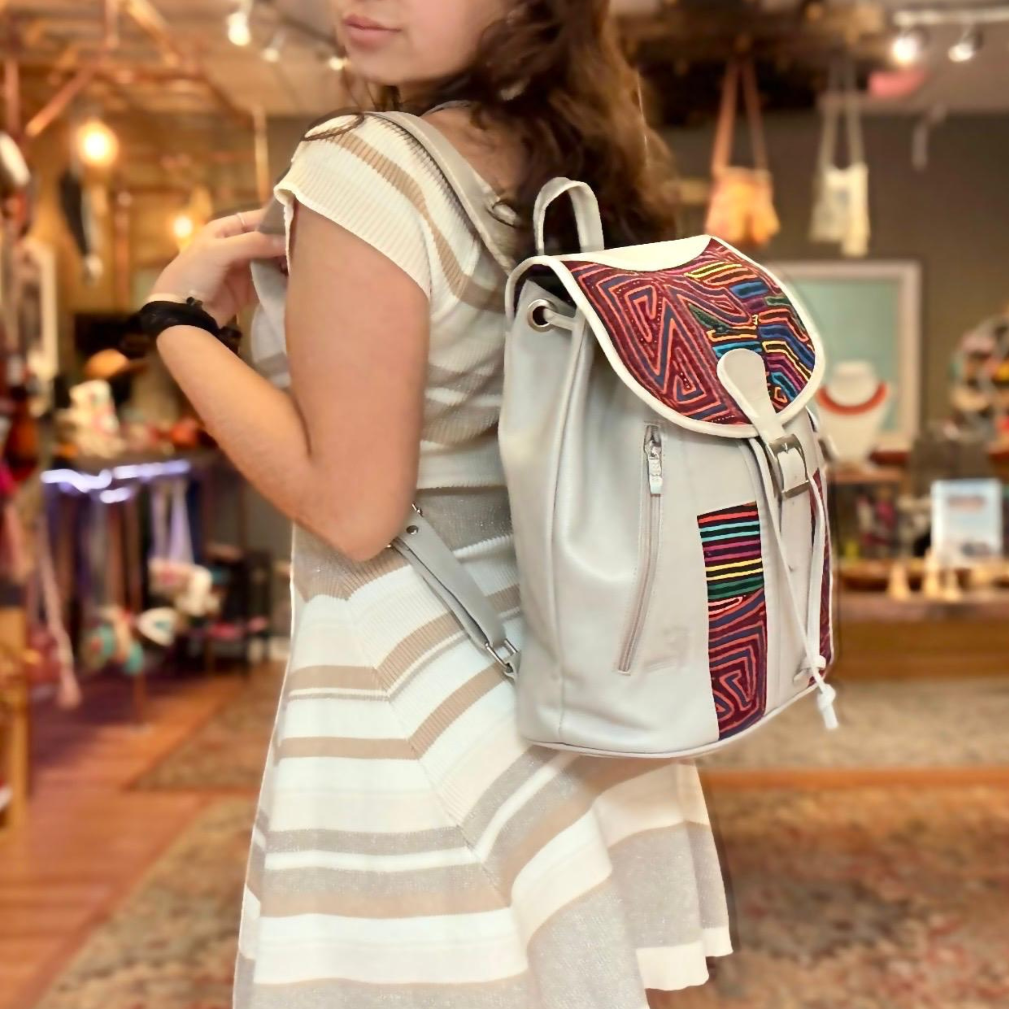 cream leather backpack Handcrafted Mola and Leather Backpack I Handmade I Cream – Isasuma LLC