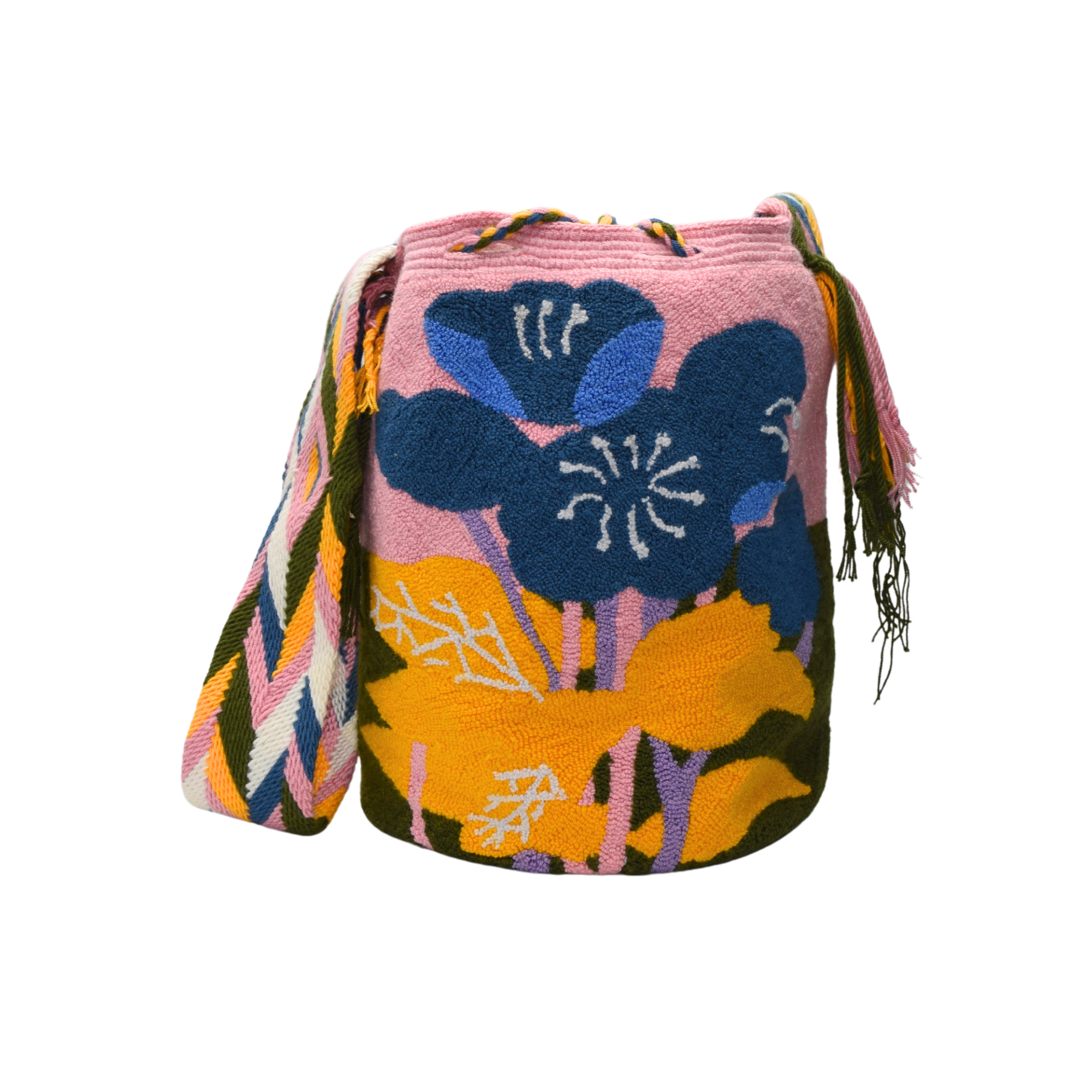 Wayuu mochila bag | Large Traditional Deluxe | Tapizada Pink Blue flowers