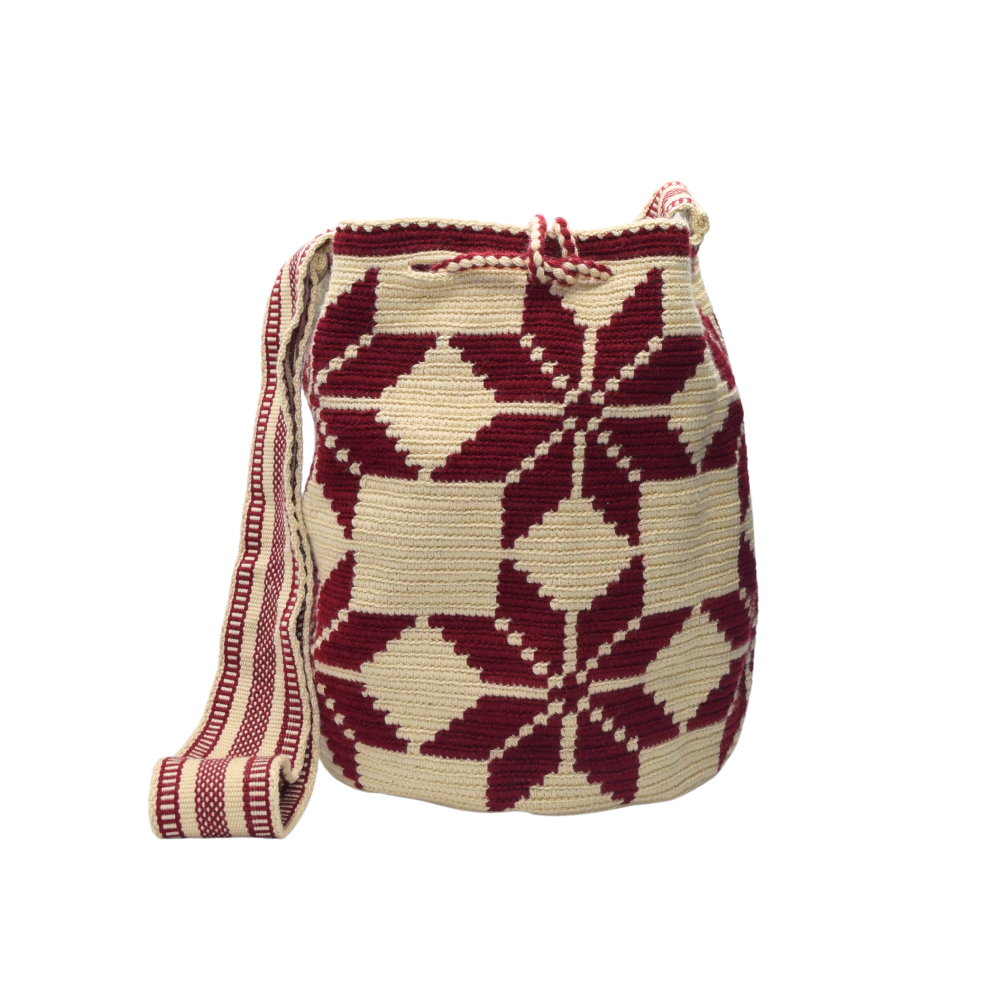 Wayuu mochila bag | Large Traditional Deluxe | Beige burgundy flowers