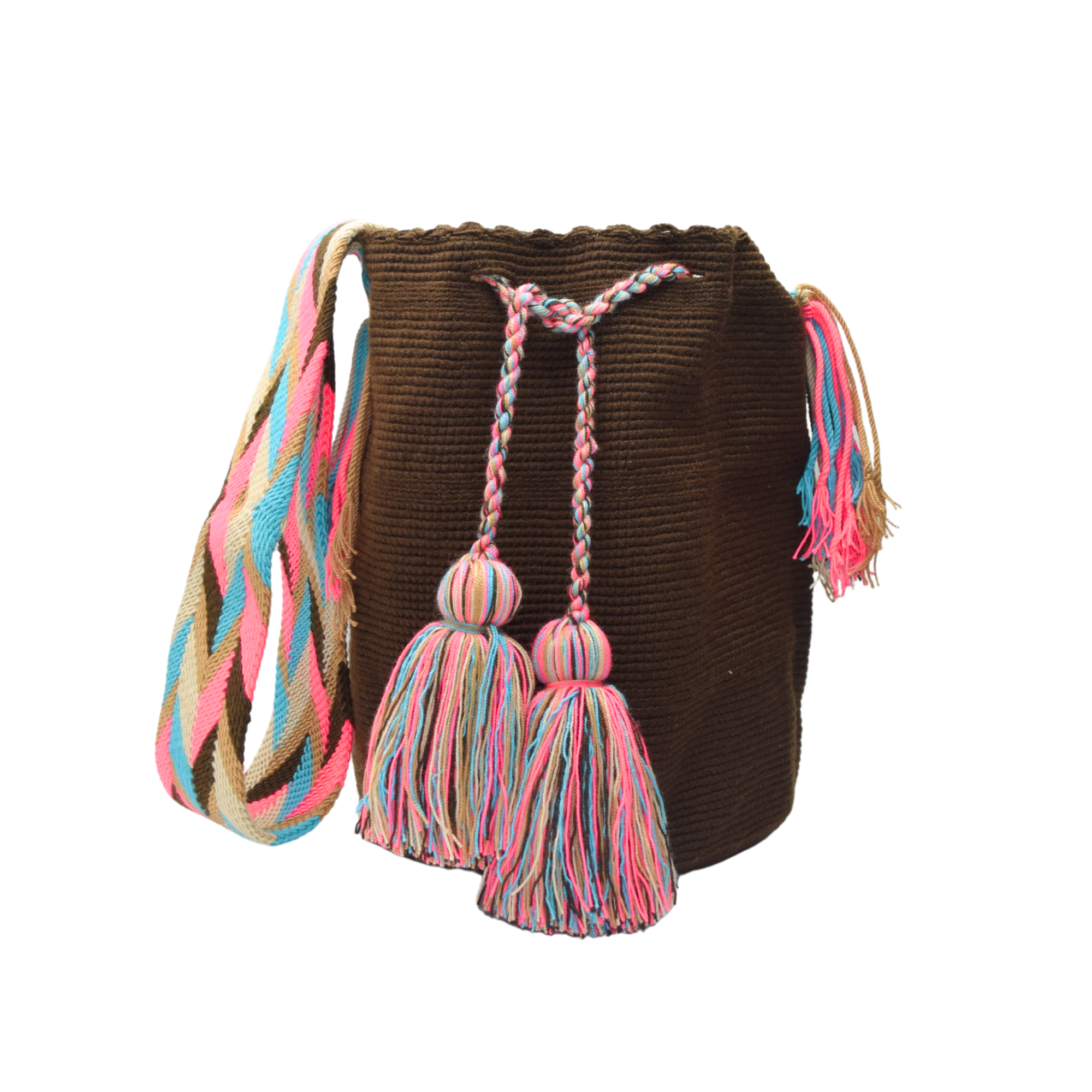 Wayuu mochila bag | Large Traditional Deluxe | Unicolor brown and pink strap