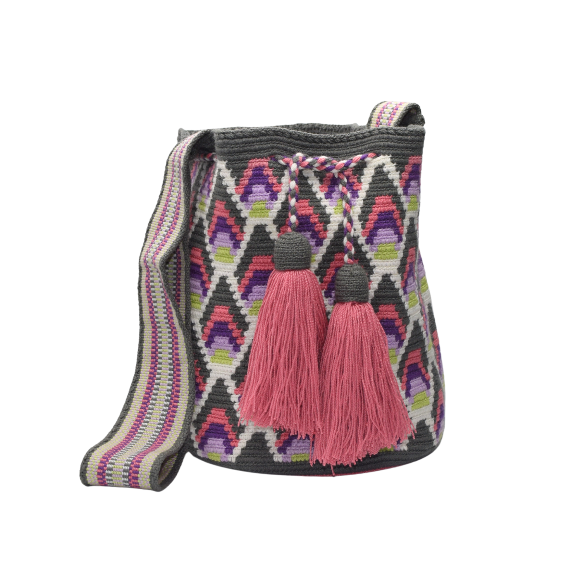 Wayuu mochila bag | Large Traditional Deluxe | Charcoal Pink Grey Patterned