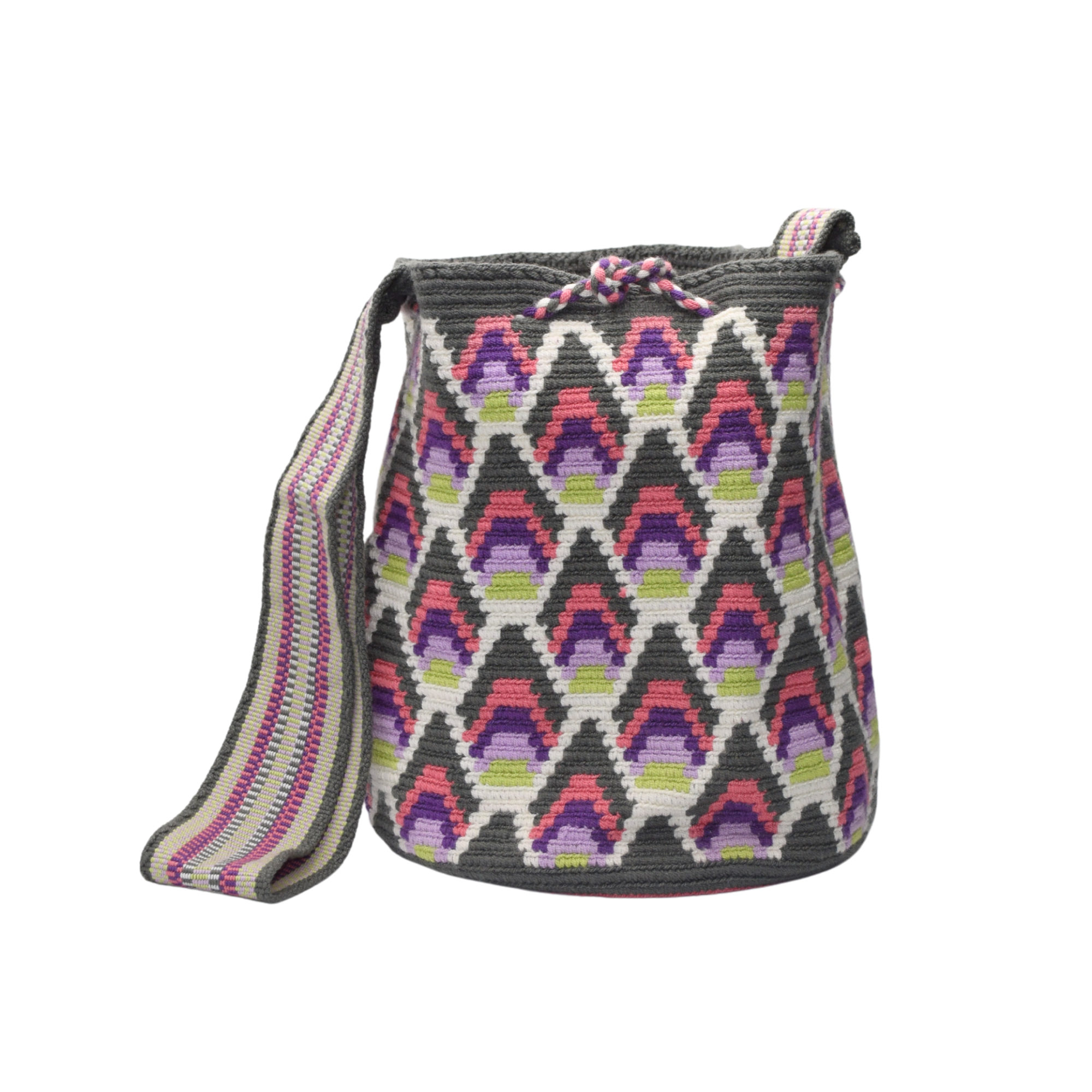 Wayuu mochila bag | Large Traditional Deluxe | Charcoal Pink Grey Patterned