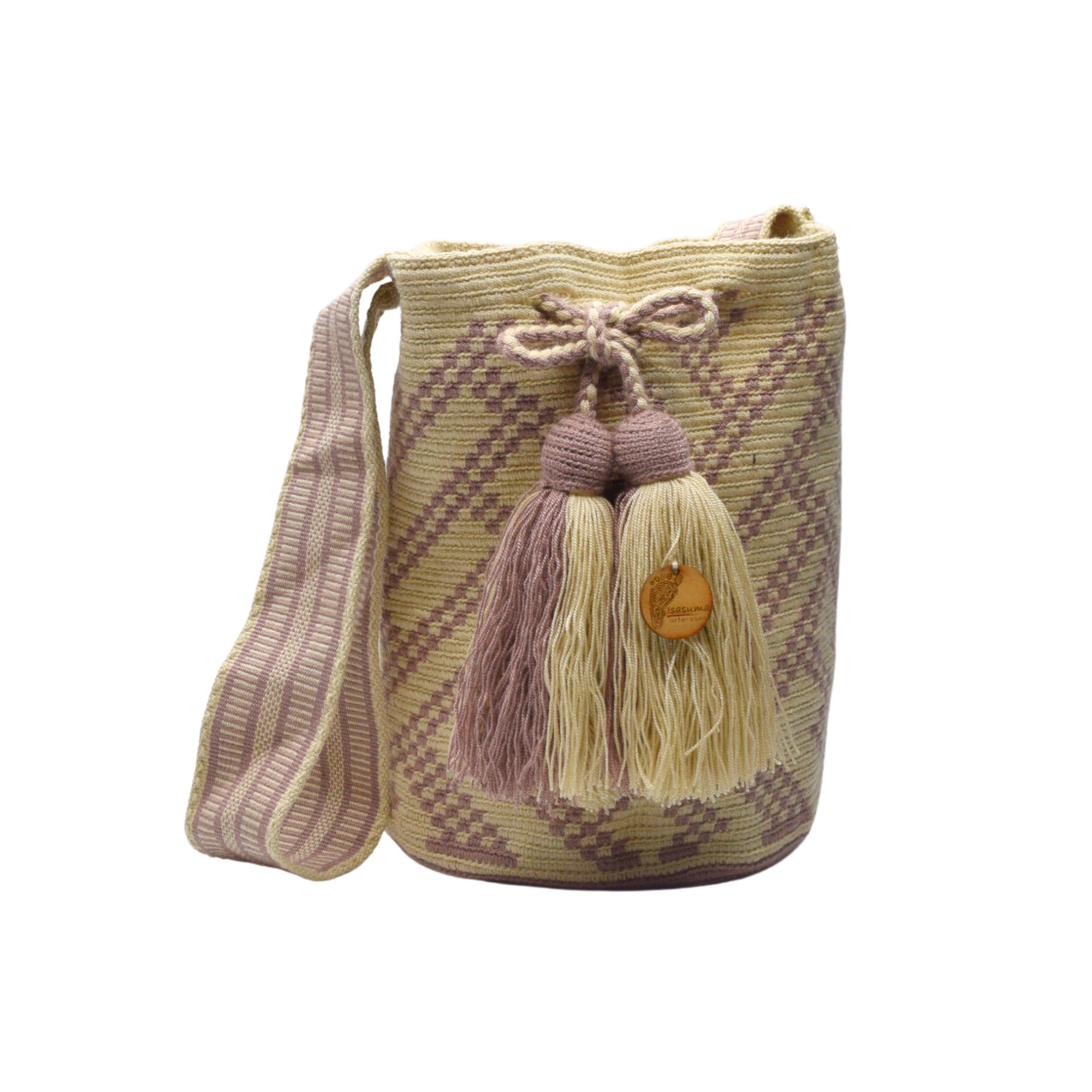 Wayuu mochila bag | Large Traditional Deluxe | Beige and Pastel Pink lines