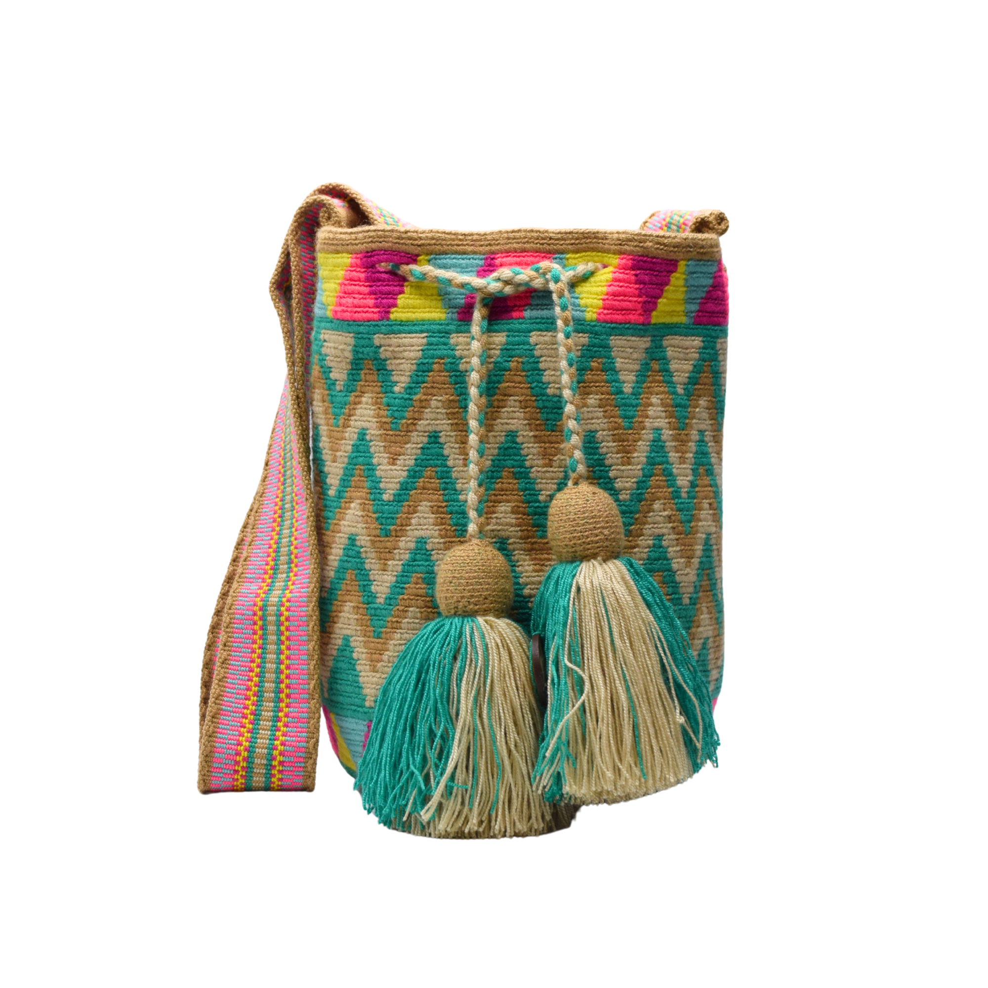 Wayuu mochila bag | Large Traditional Deluxe | Teal and beige zig zag