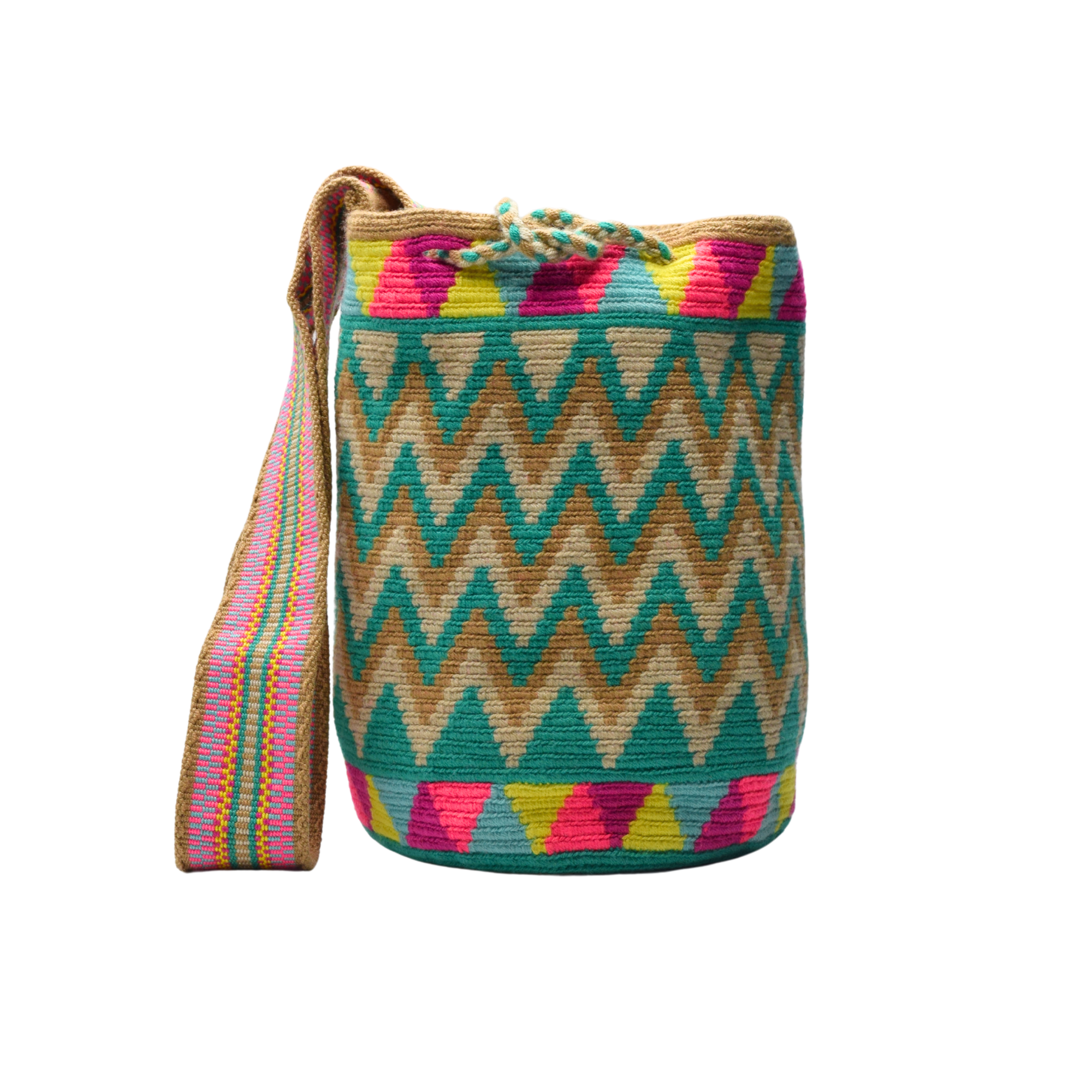 Wayuu mochila bag | Large Traditional Deluxe | Teal and beige zig zag