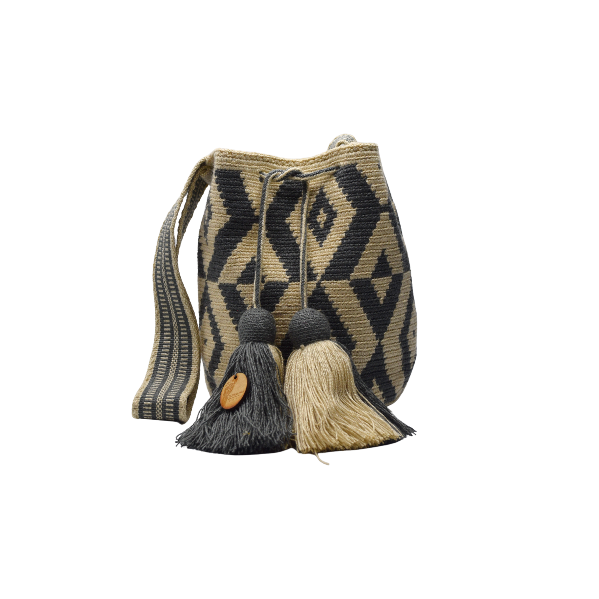 Wayuu mochila bag | Medium Traditional Deluxe | Beige and black rhombus