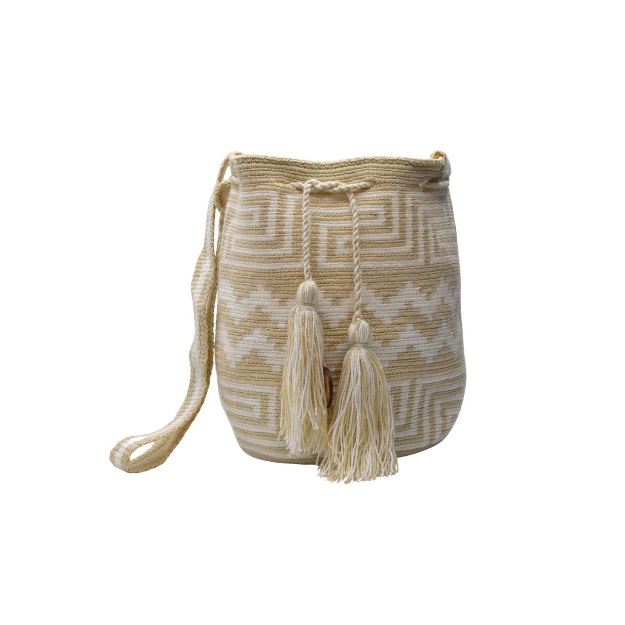 Wayuu mochila bag | Medium Traditional Deluxe | Beige and white