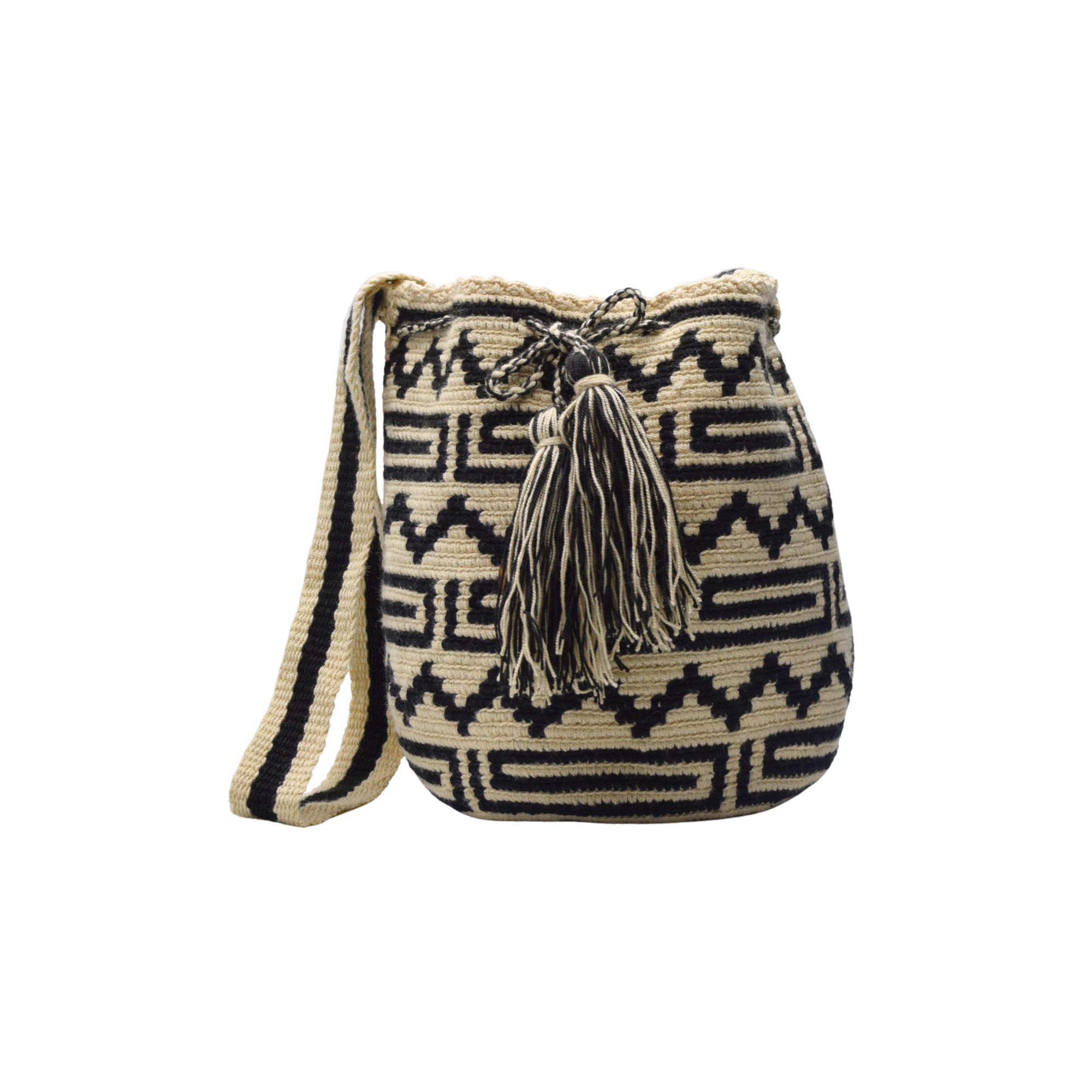 Wayuu mochila bag | Medium Traditional Deluxe | Beige and black labyrinth