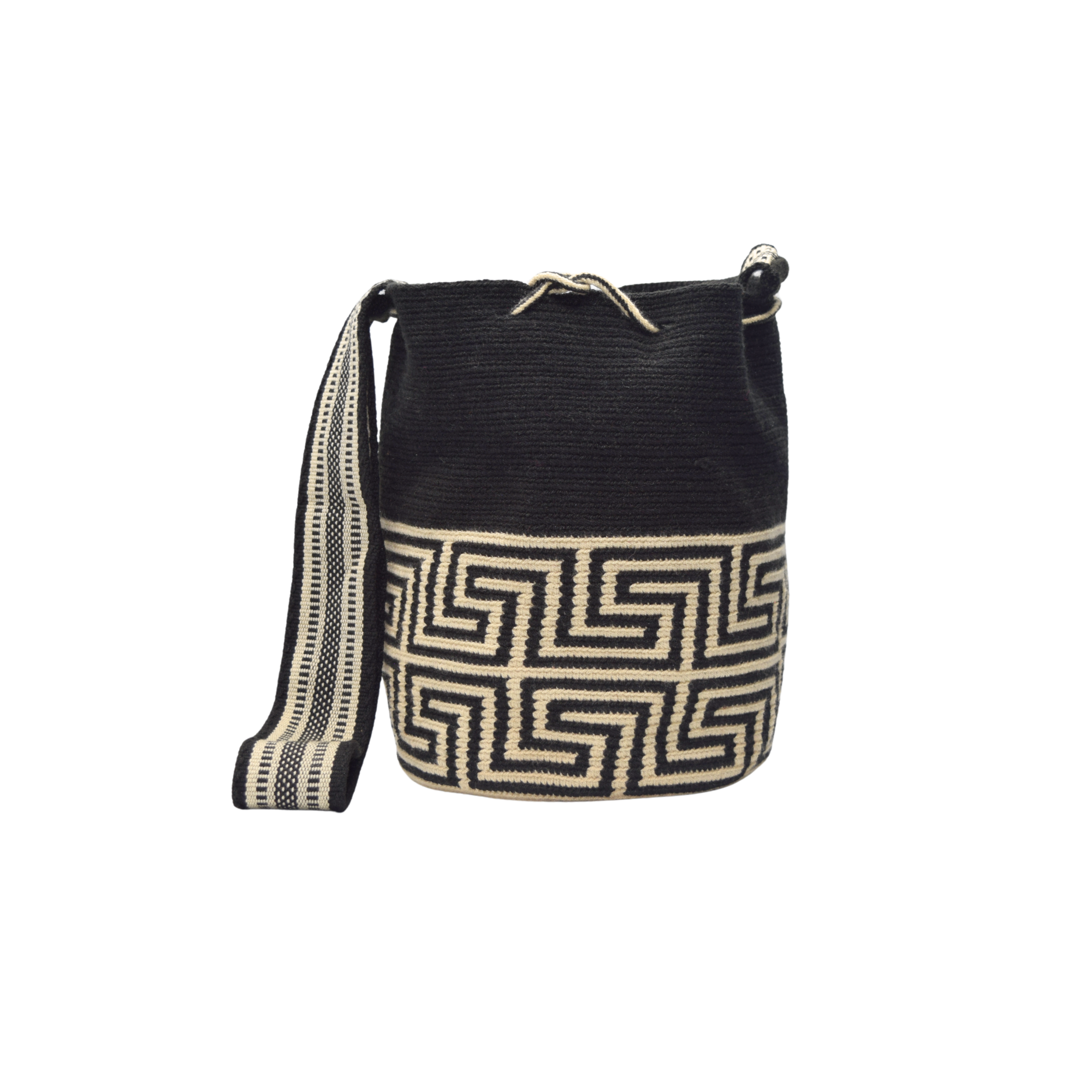 Wayuu mochila bag | Medium Traditional Deluxe | Black top and labyrinth botton