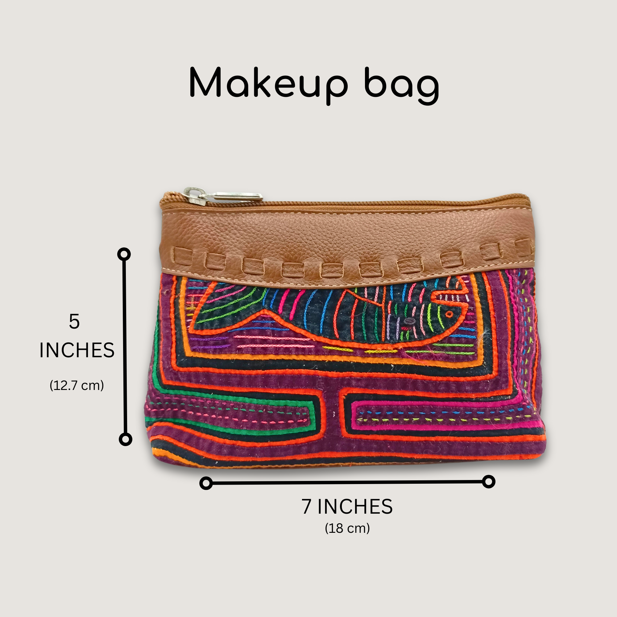 Handcrafted Leather Makeup Bag | Mola Appliqué | Single zipper | Gifts ideas | Boho Bag