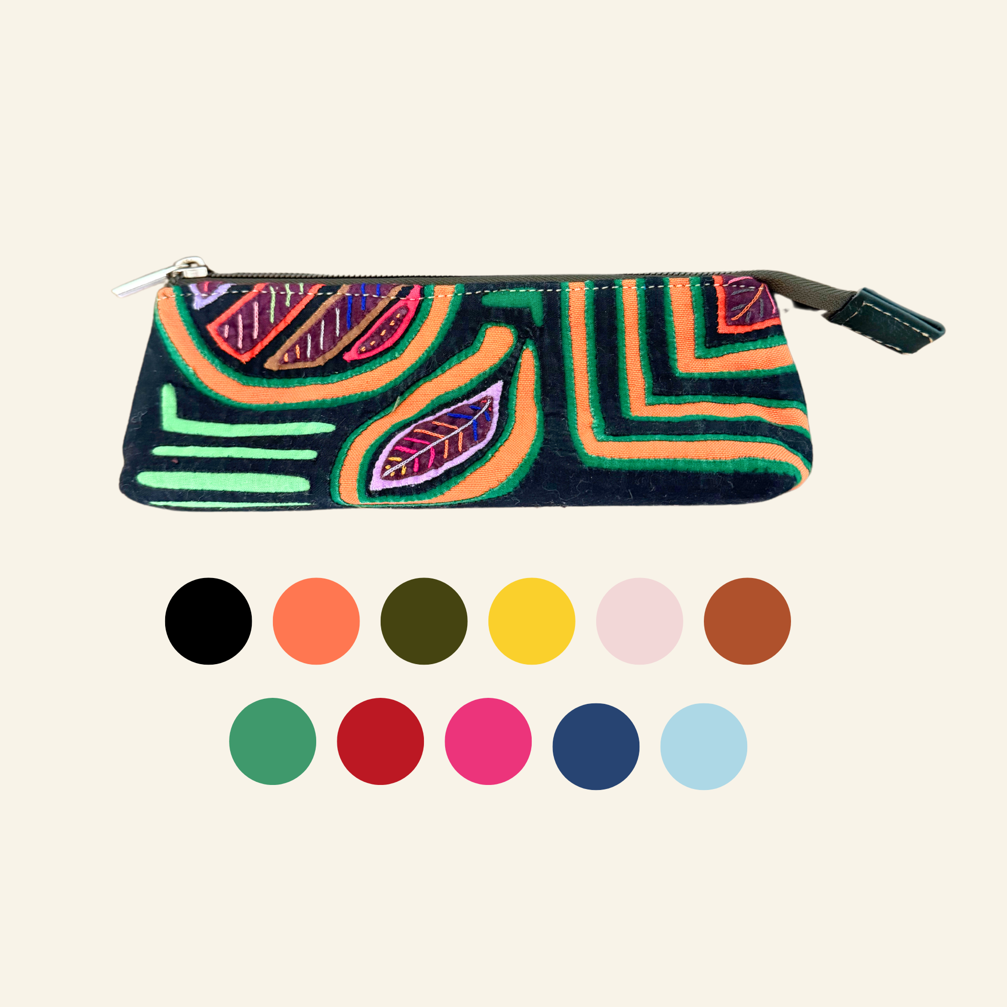 Handcrafted Leather Pencil Case | Mola Appliqué | Single zipper | Gifts ideas | Boho Bag