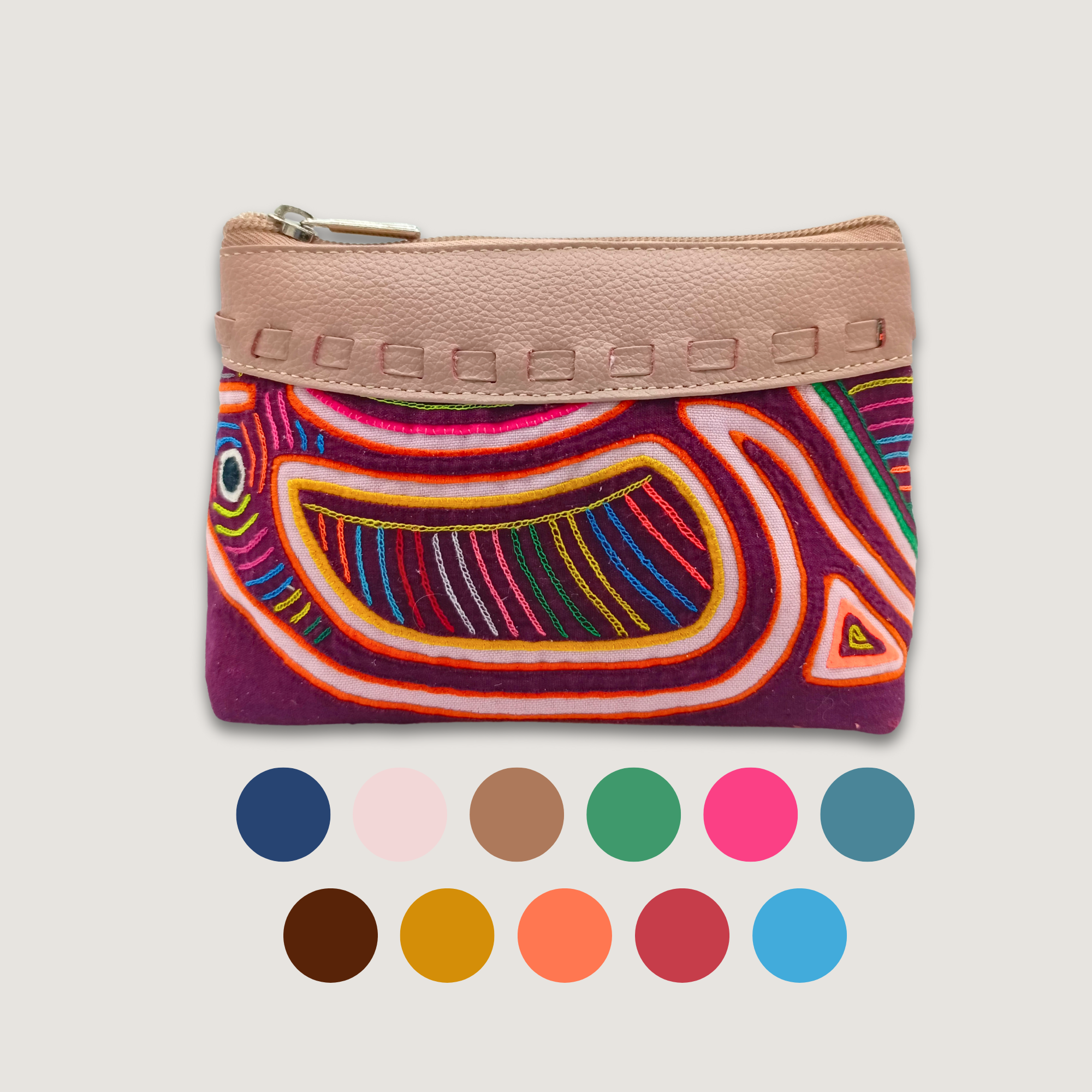 Handcrafted Leather Makeup Bag | Mola Appliqué | Single zipper | Gifts ideas | Boho Bag