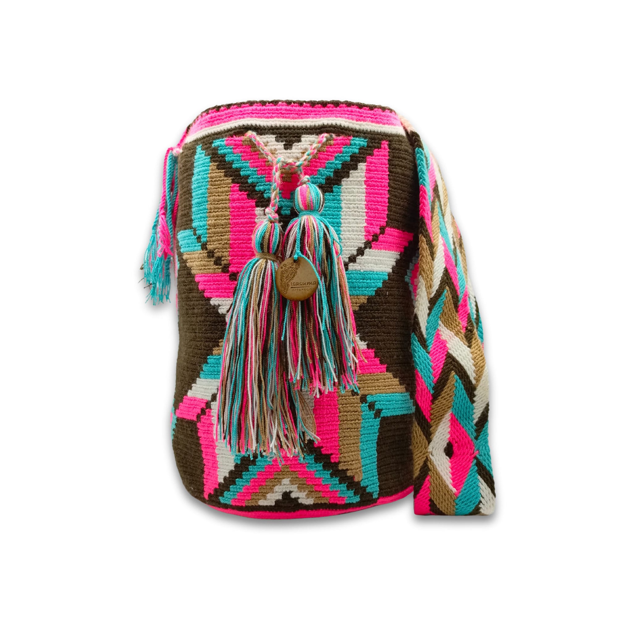 Wayuu mochila bag | Large Tradicional | Brown Base Colorfull Flower