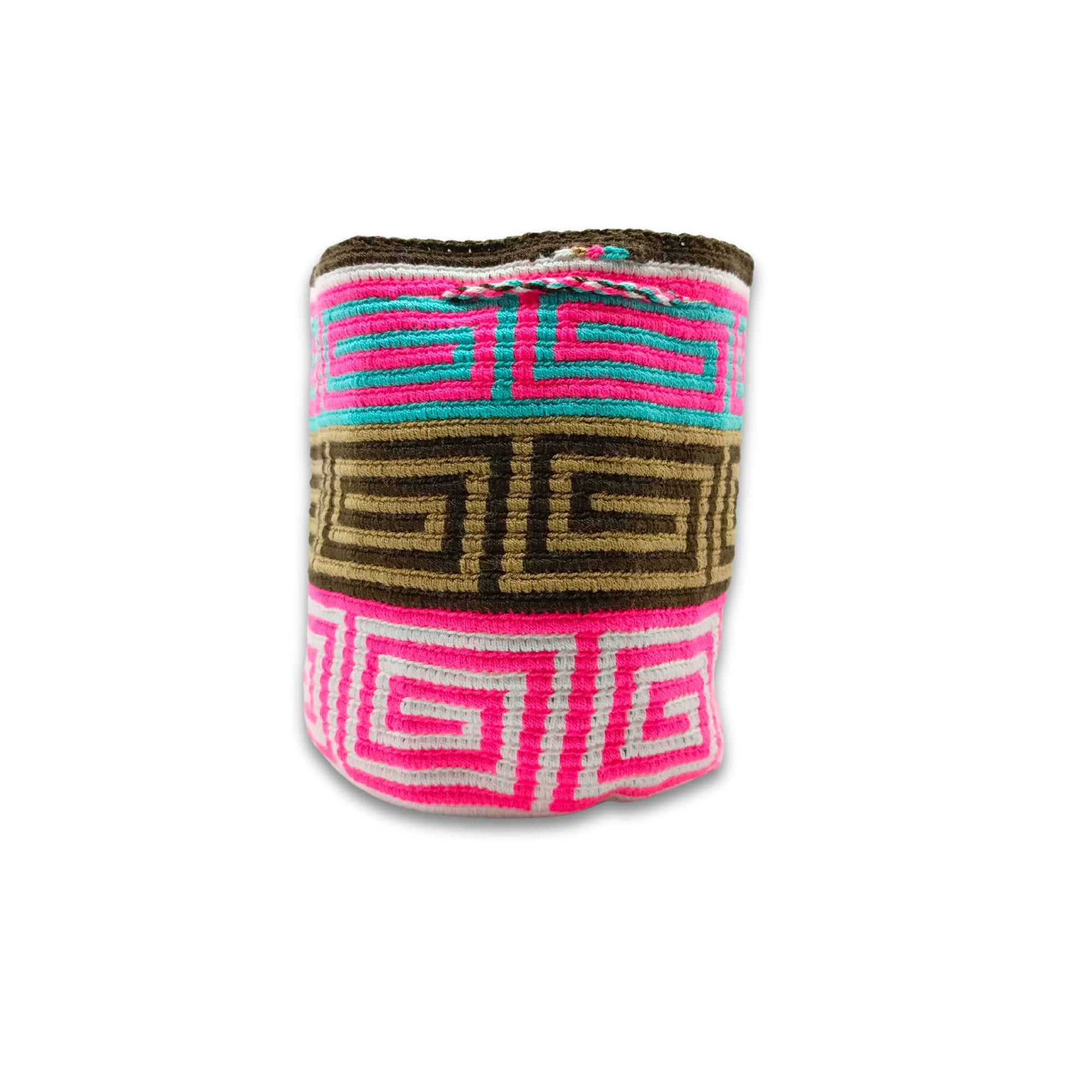 Wayuu mochila bag | Medium Tradicional | Brown and caramel lines Fucsia