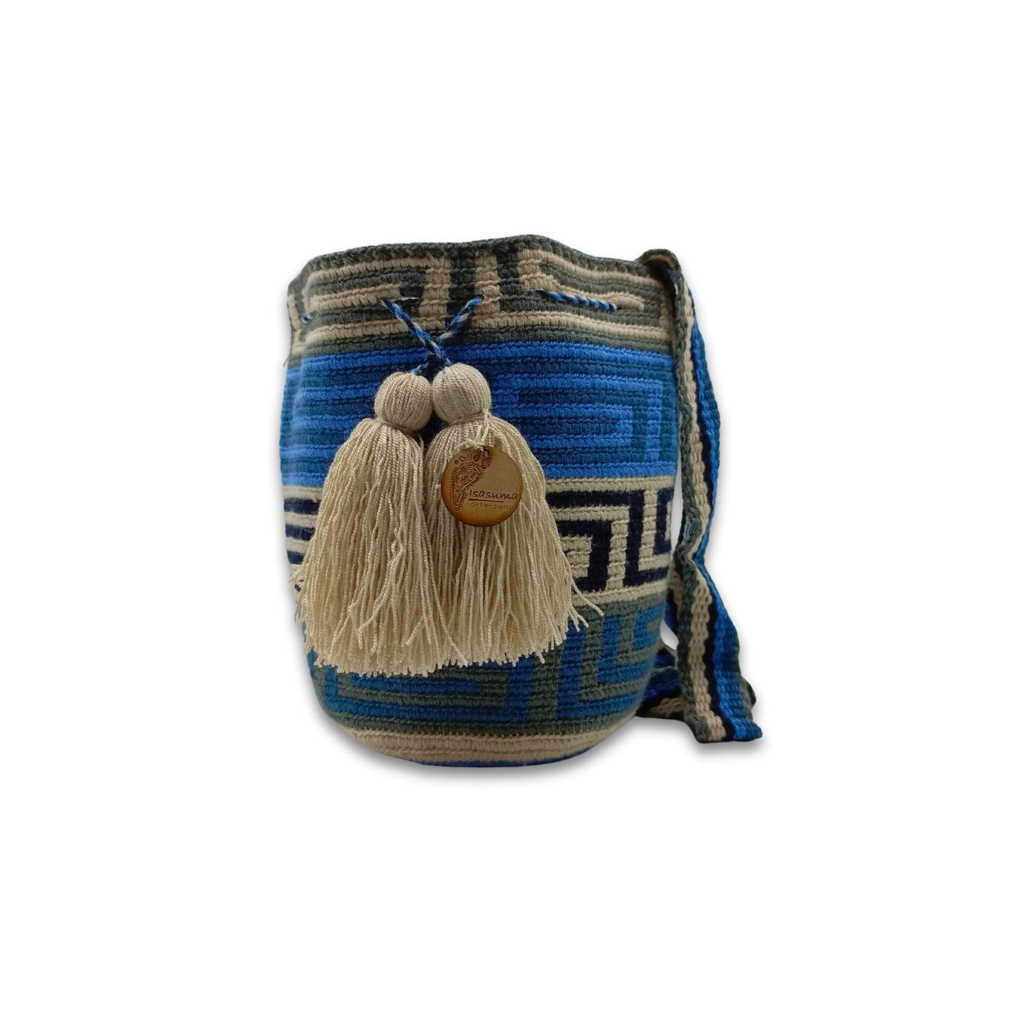 Wayuu mochila bag | Medium Tradicional | Blue Beige and Gray Figures