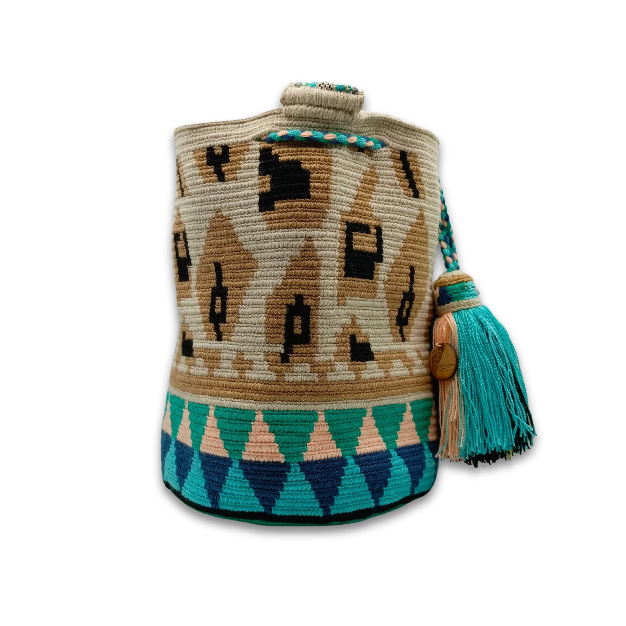 LARGE Exclusive Colombian Wayuu Mochila Bag | Tribal Ethnic Boho Bucket Bag | Non-Stretch Strap | Beige Base Caramel Figures