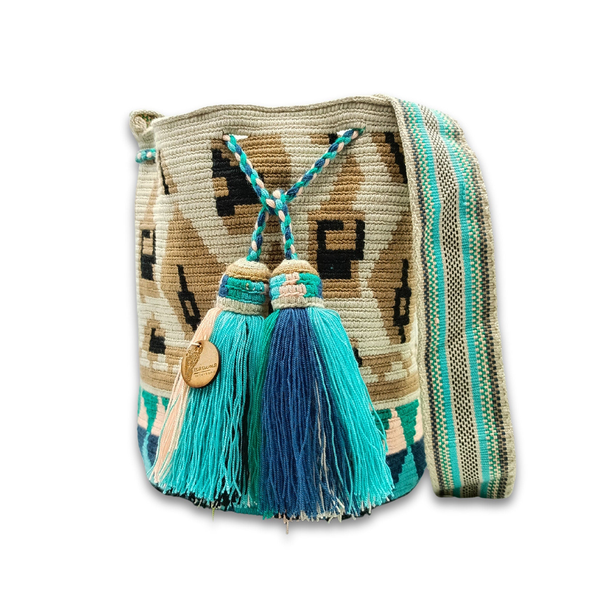 LARGE Exclusive Colombian Wayuu Mochila Bag | Tribal Ethnic Boho Bucket Bag | Non-Stretch Strap | Beige Base Caramel Figures