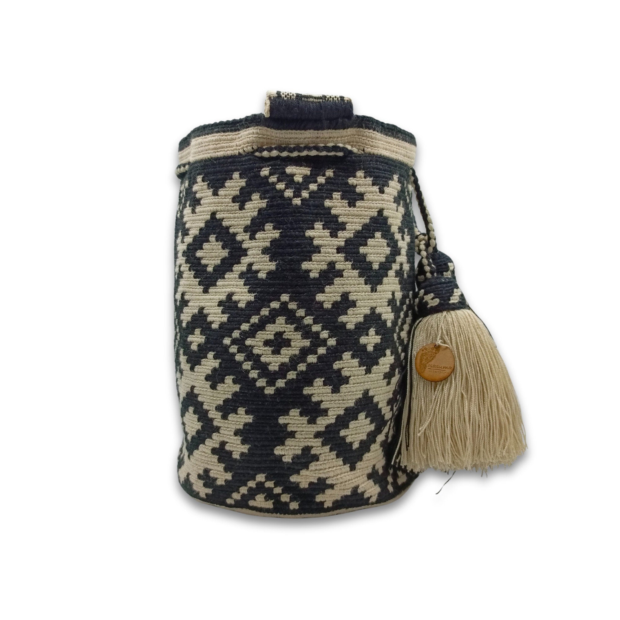 LARGE Exclusive Colombian Wayuu Mochila Bag | Tribal Ethnic Boho Bucket Bag | Non-Stretch Strap | Black and Beige Figures