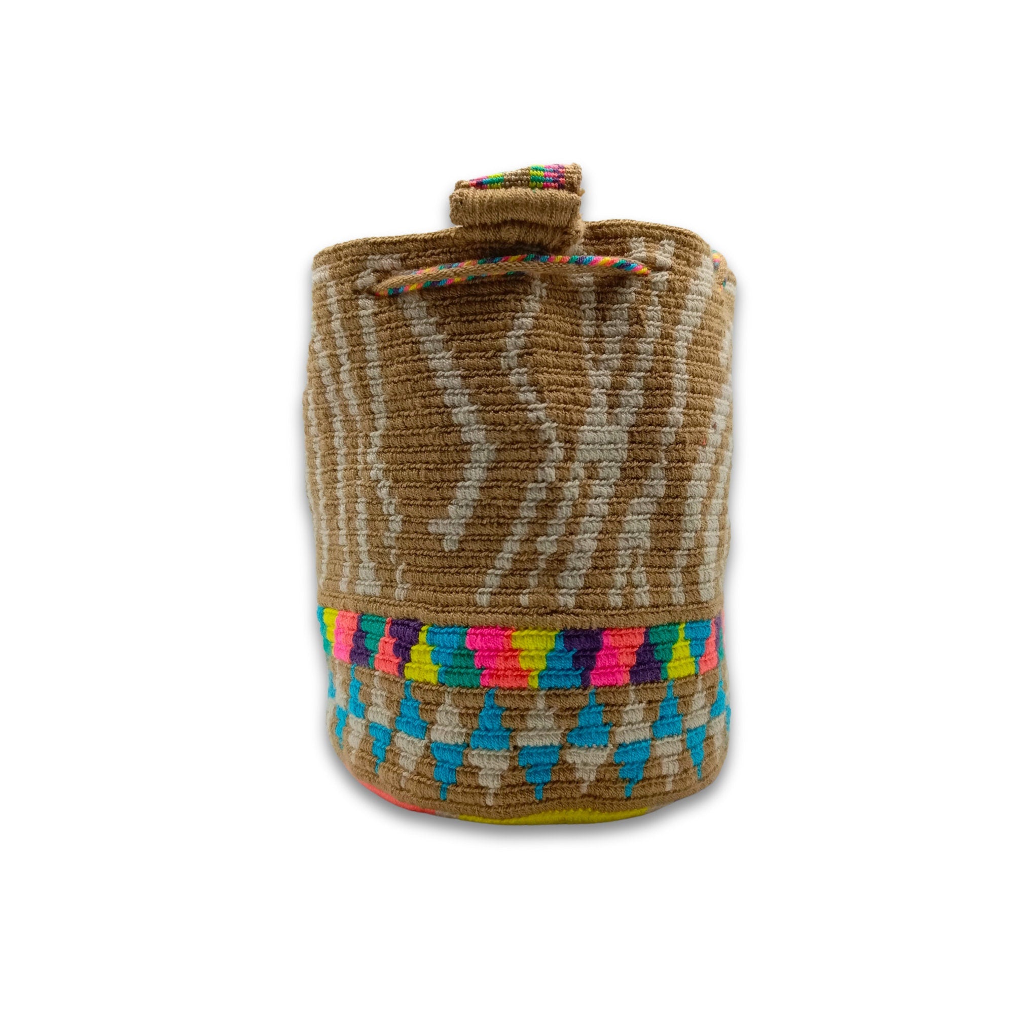 Exclusive Wayuu mochila bag | Medium Woven Crossbody Handmade Gorrito Mochila | Beige Waves Colorfull traingles