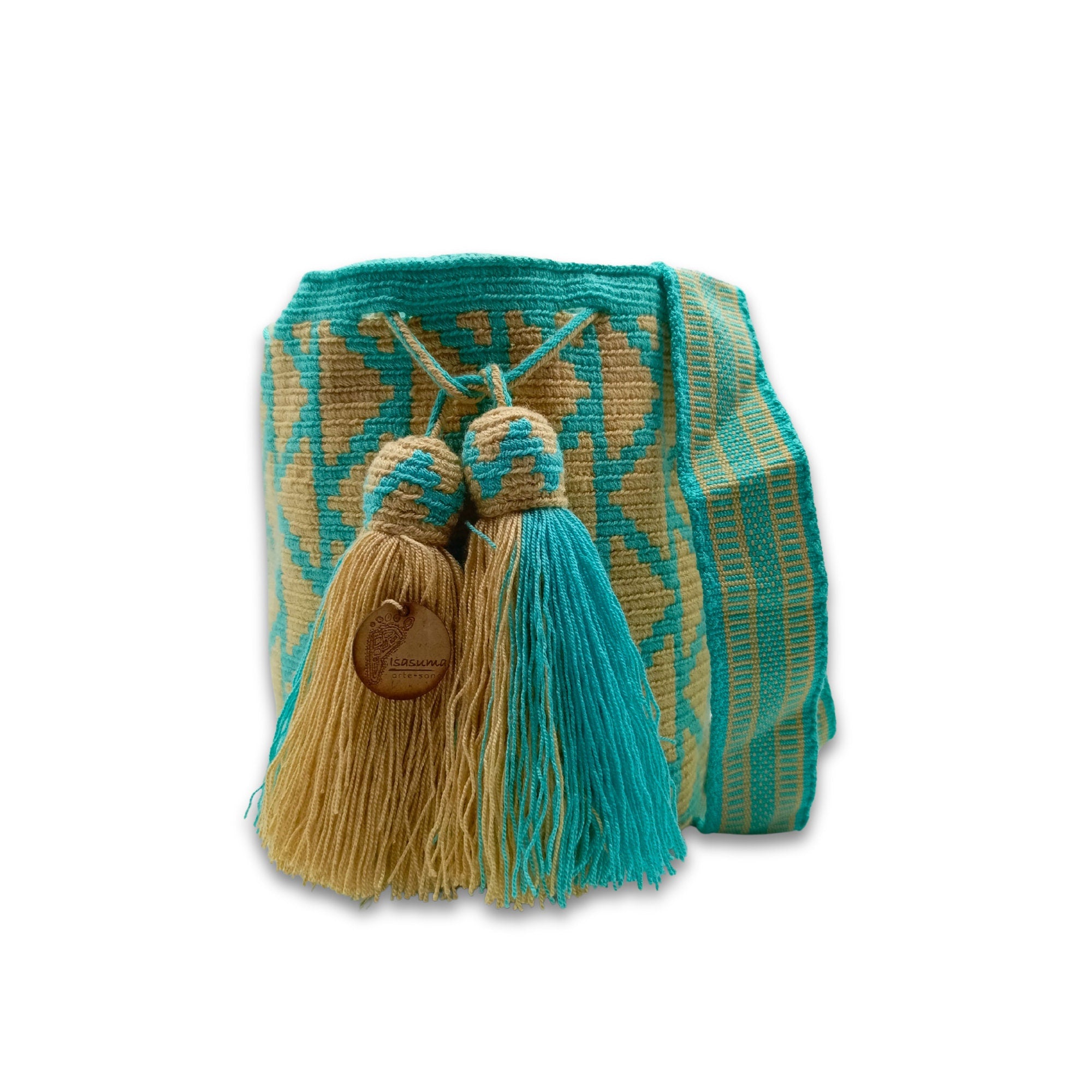 Exclusive Wayuu mochila bag | Medium Woven Crossbody Handmade Gorrito Mochila | Turquoise and beige Triangles