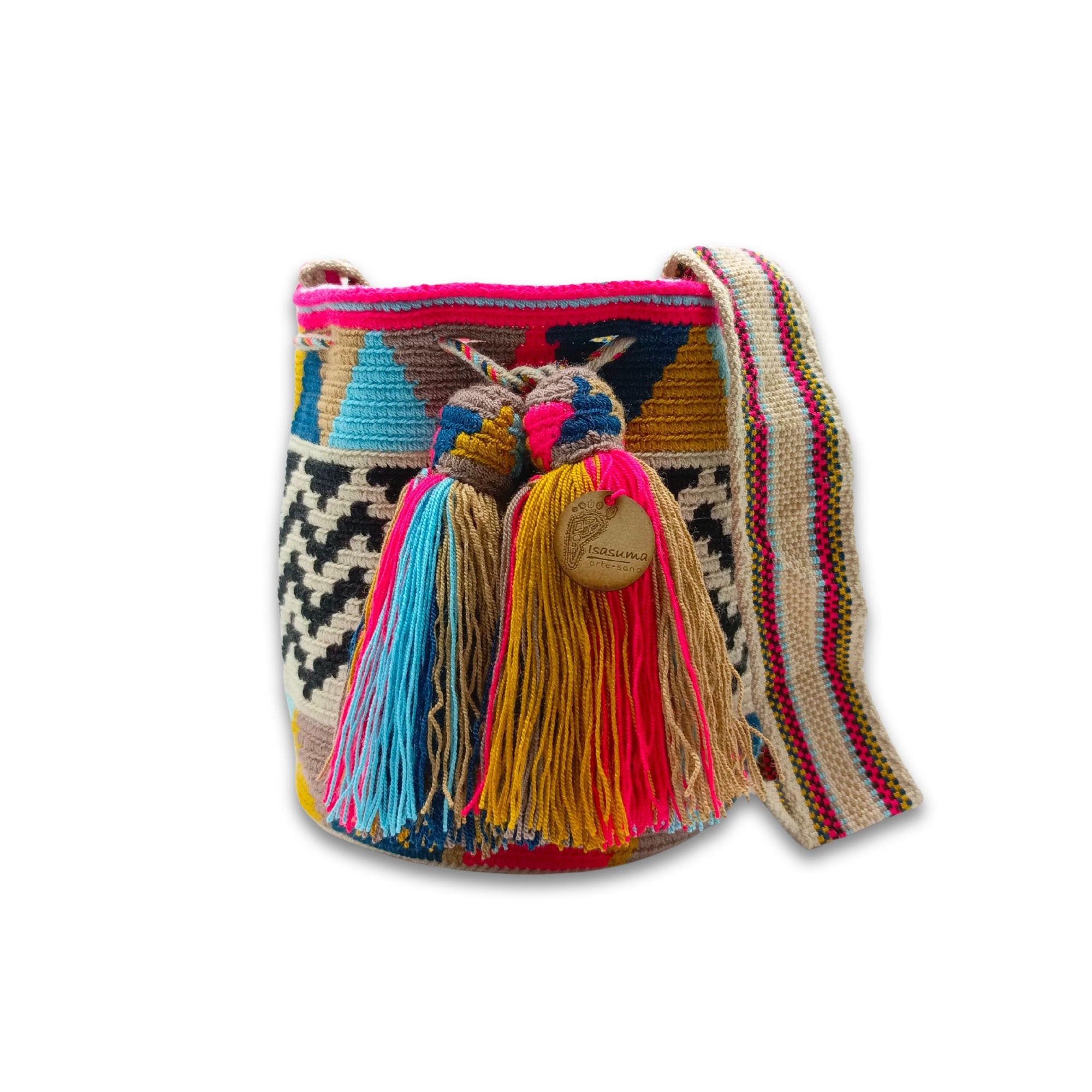 Exclusive Wayuu mochila bag | Medium Woven Crossbody Handmade Gorrito Mochila | Black zig zag middle  Colorfull triangles