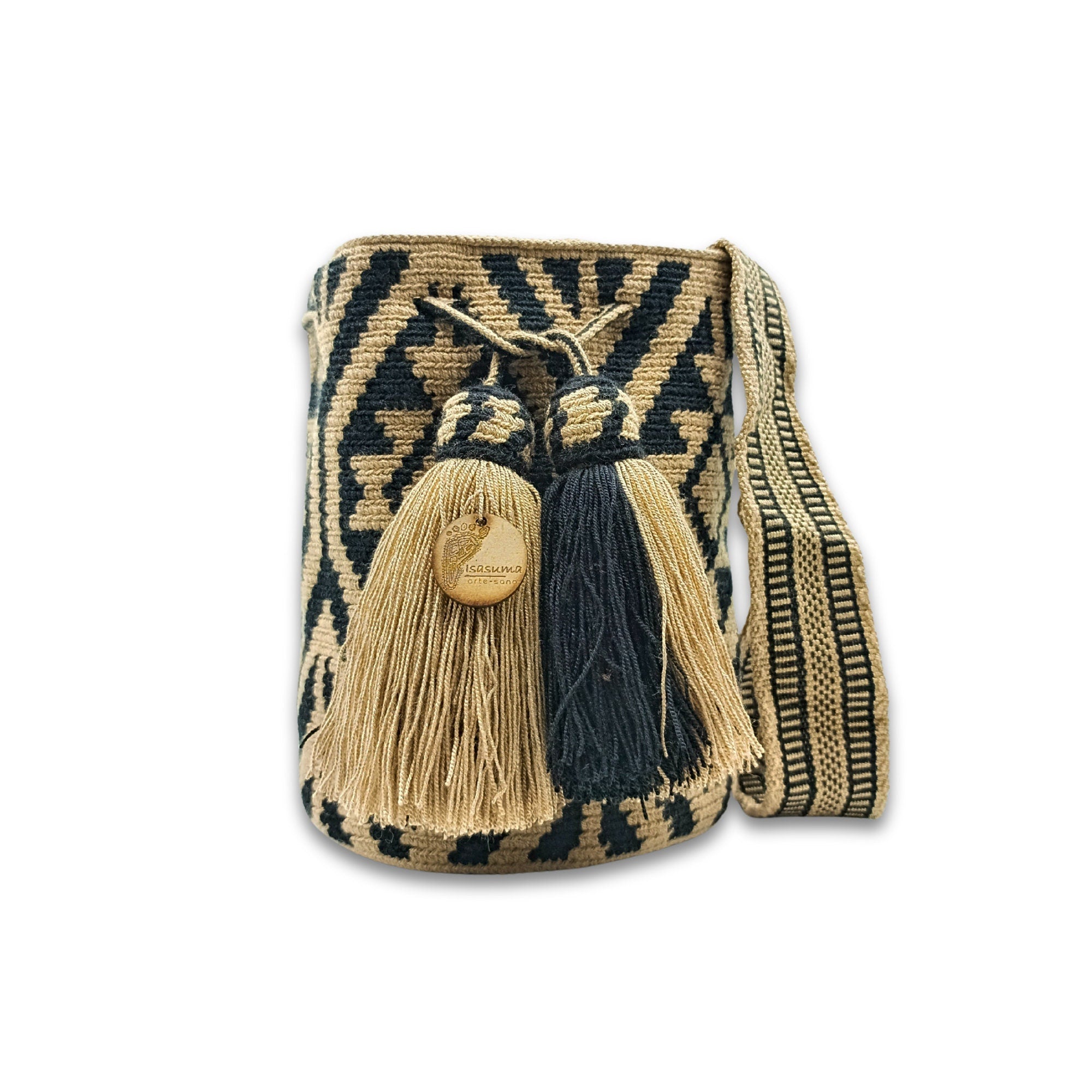 Exclusive Wayuu mochila bag | Medium Woven Crossbody Handmade Gorrito Mochila | Caramel and Black Figures