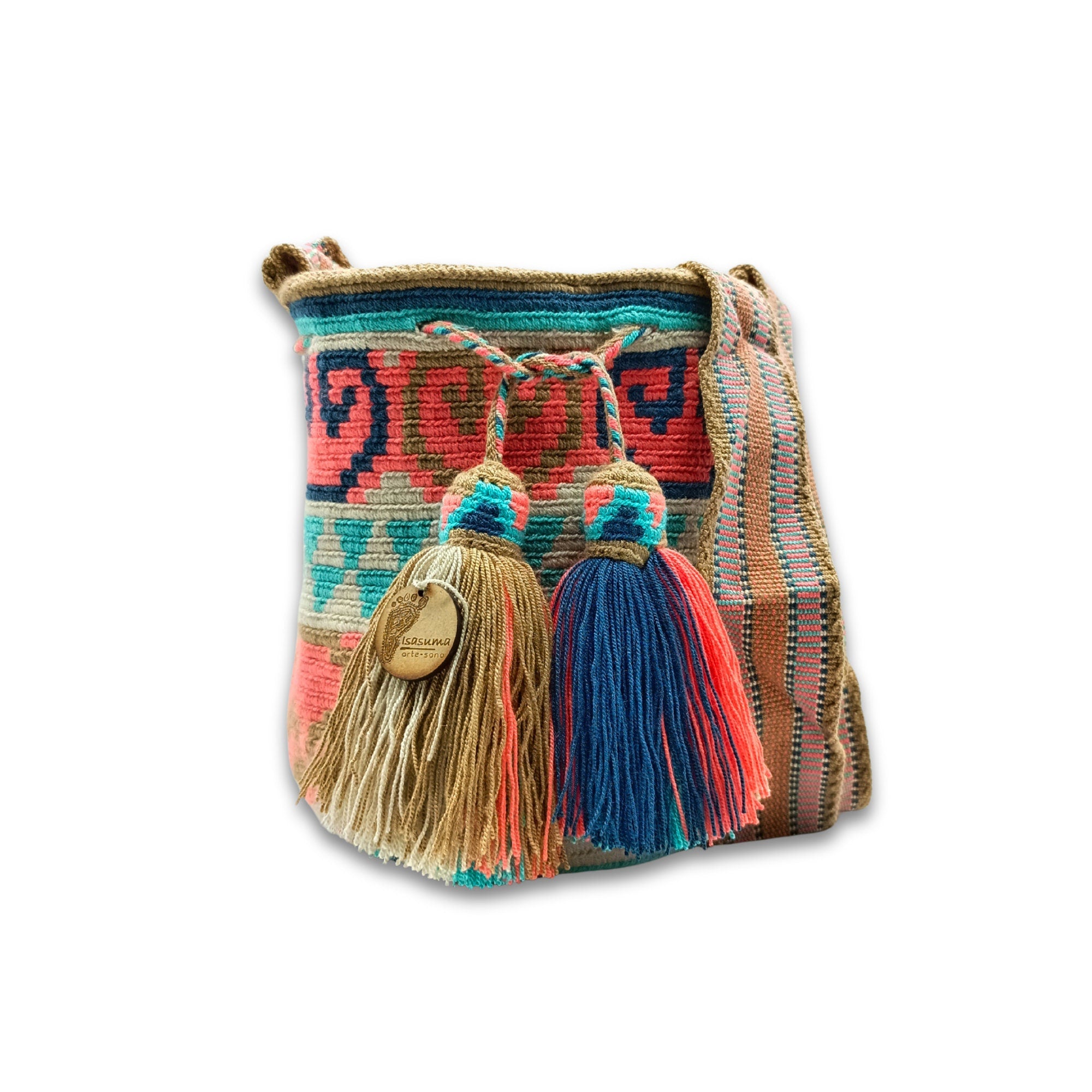 Exclusive Wayuu mochila bag | Medium Woven Crossbody Handmade Gorrito Mochila | Orange Neon Heart Figures