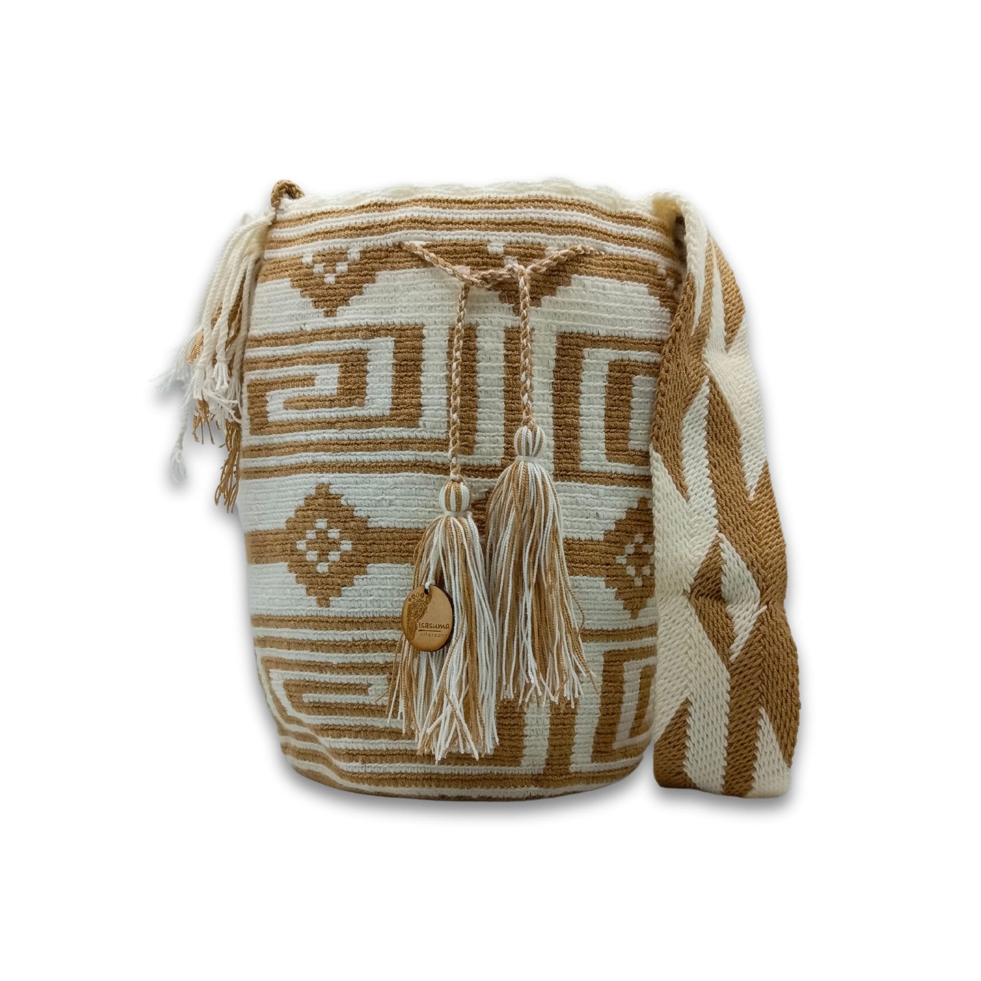 Wayuu mochila bag | Large Tradicional | White and Beige Figures