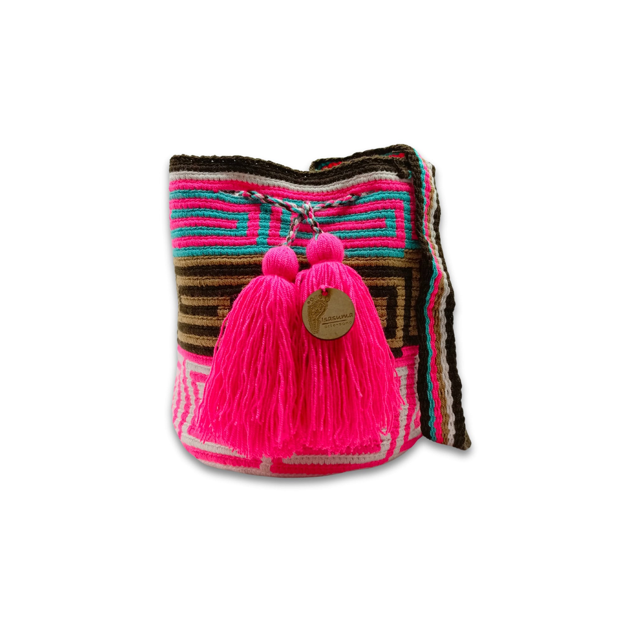 Wayuu mochila bag | Medium Tradicional | Brown and caramel lines Fucsia