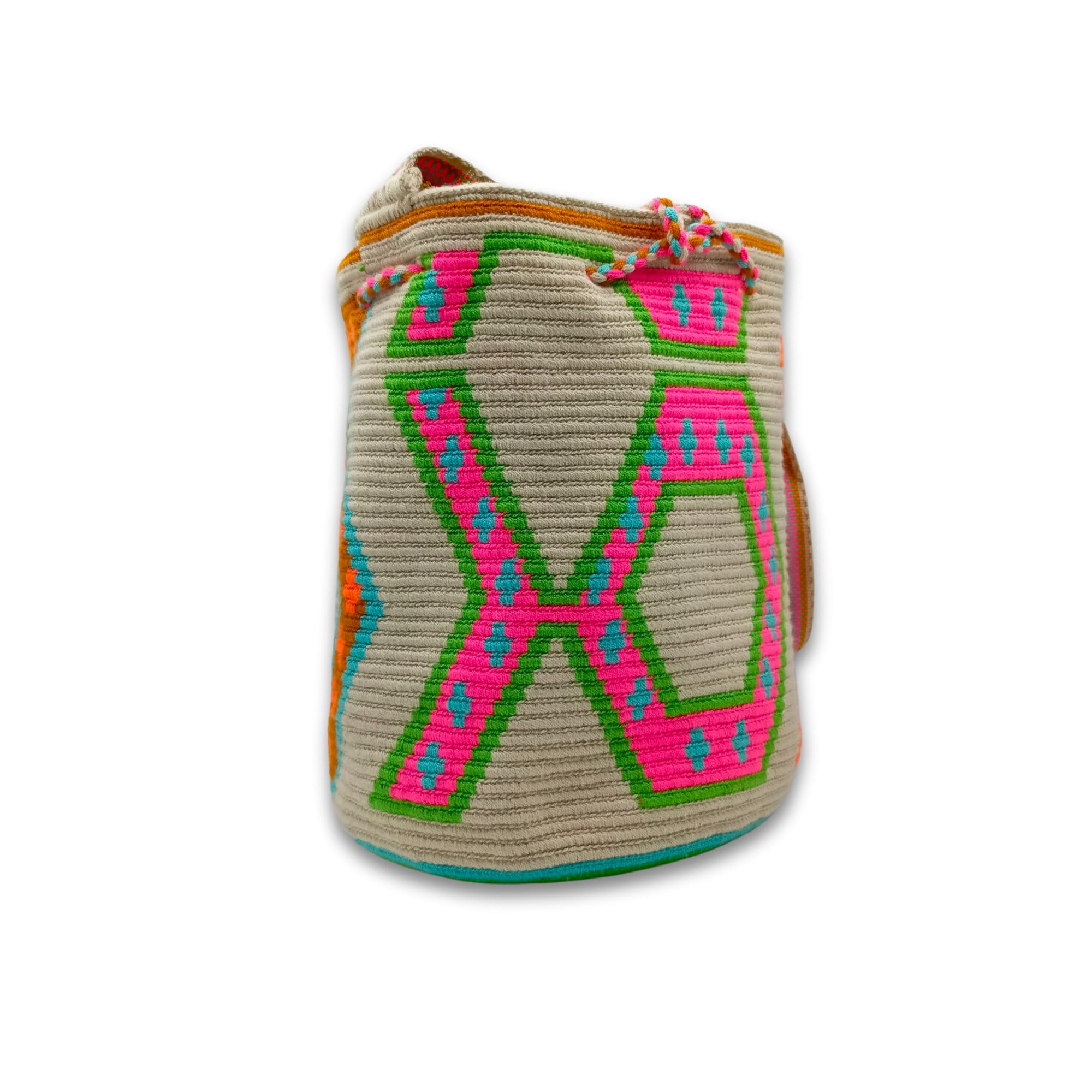 LARGE Exclusive Colombian Wayuu Mochila Bag | Tribal Ethnic Boho Bucket Bag | Non-Stretch Strap | Beige Neon Fish Figures