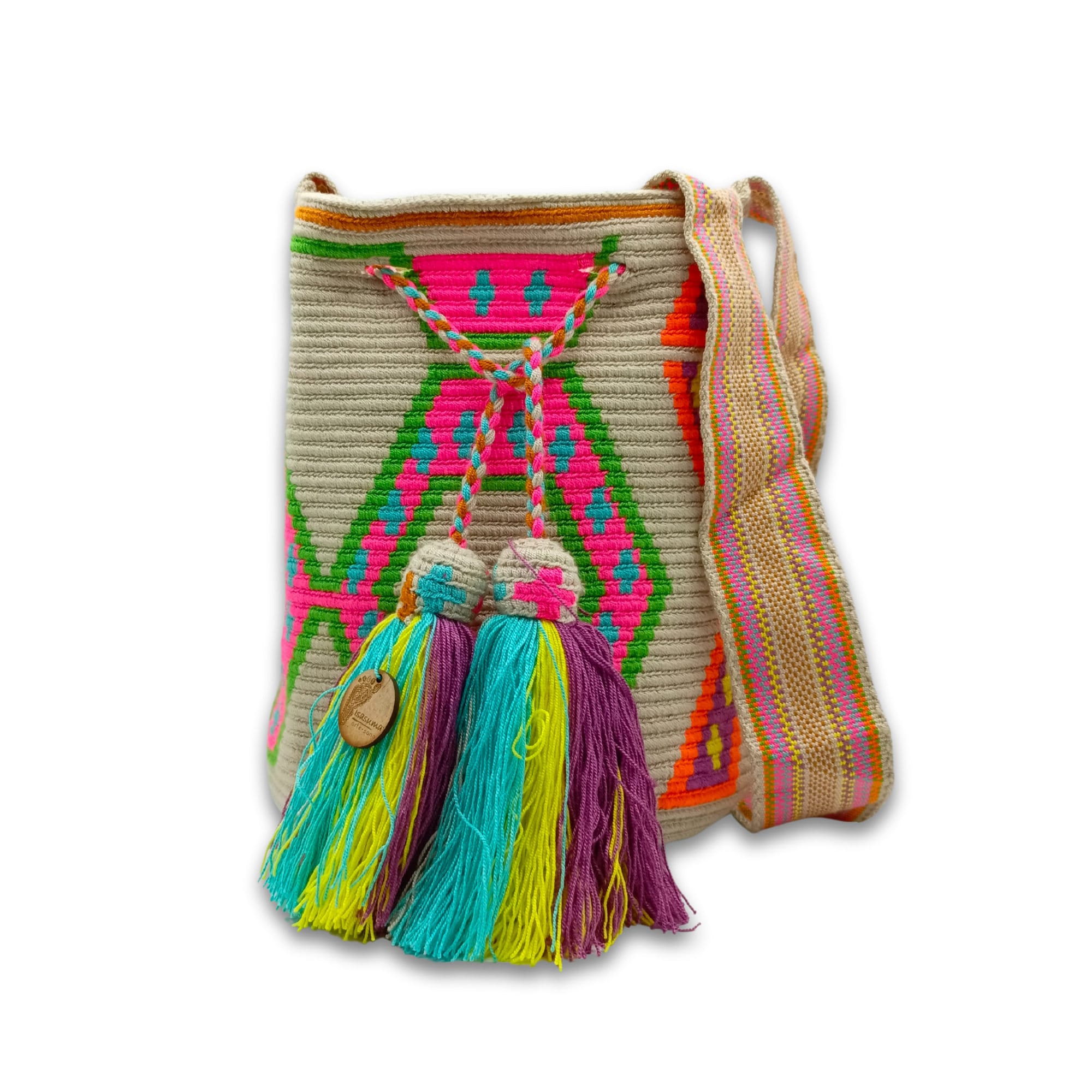 LARGE Exclusive Colombian Wayuu Mochila Bag | Tribal Ethnic Boho Bucket Bag | Non-Stretch Strap | Beige Neon Fish Figures