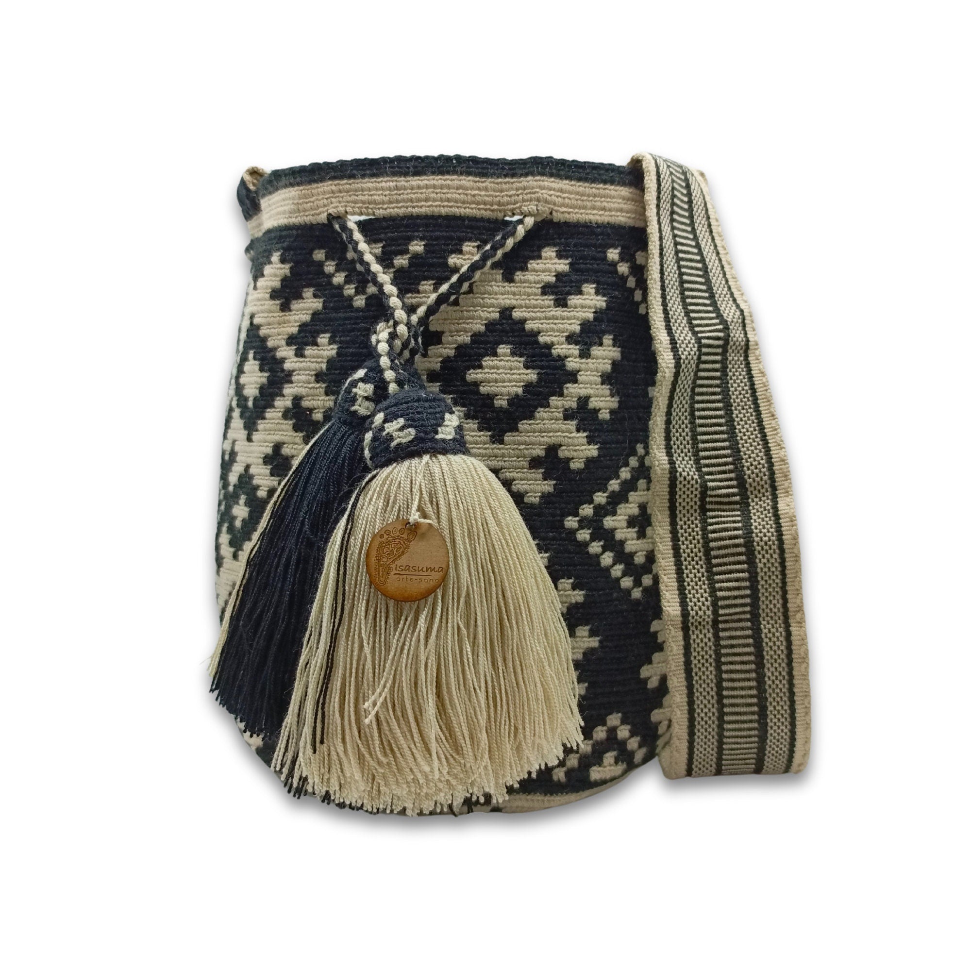 LARGE Exclusive Colombian Wayuu Mochila Bag | Tribal Ethnic Boho Bucket Bag | Non-Stretch Strap | Black and Beige Figures